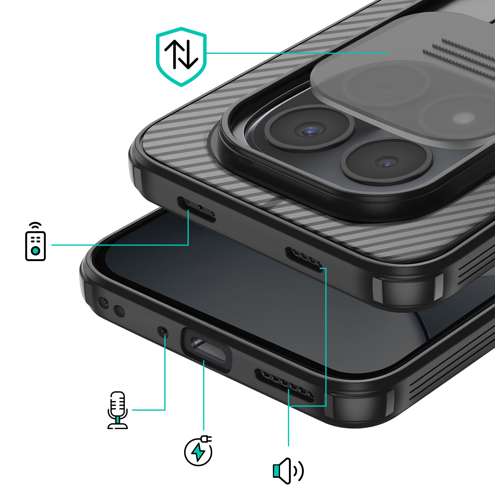 Coque de téléphone noire avec cache caméra transparent et icônes protection, Wi-Fi, micro, charge et son.