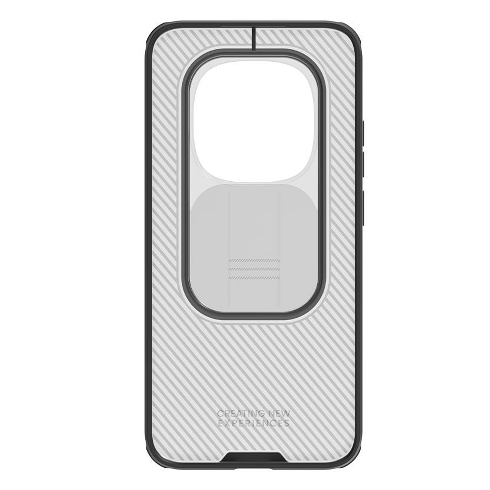 Une coque de téléphone blanche à motif rayé et bordure noire.