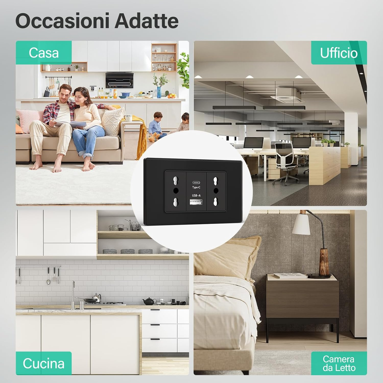 Il collage mostra una presa USB, soggiorno, ufficio, cucina e camera da letto.