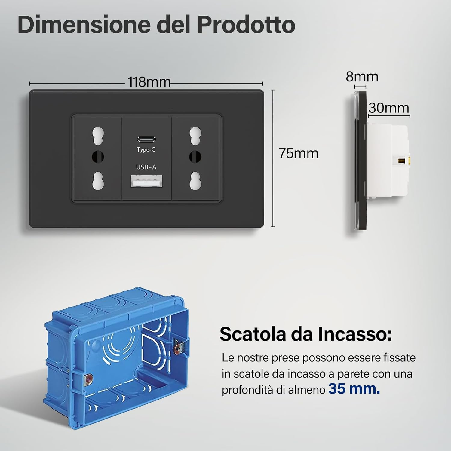Prese nere con porte USB-A/C, dimensioni 118x75mm, e scatola da incasso blu.