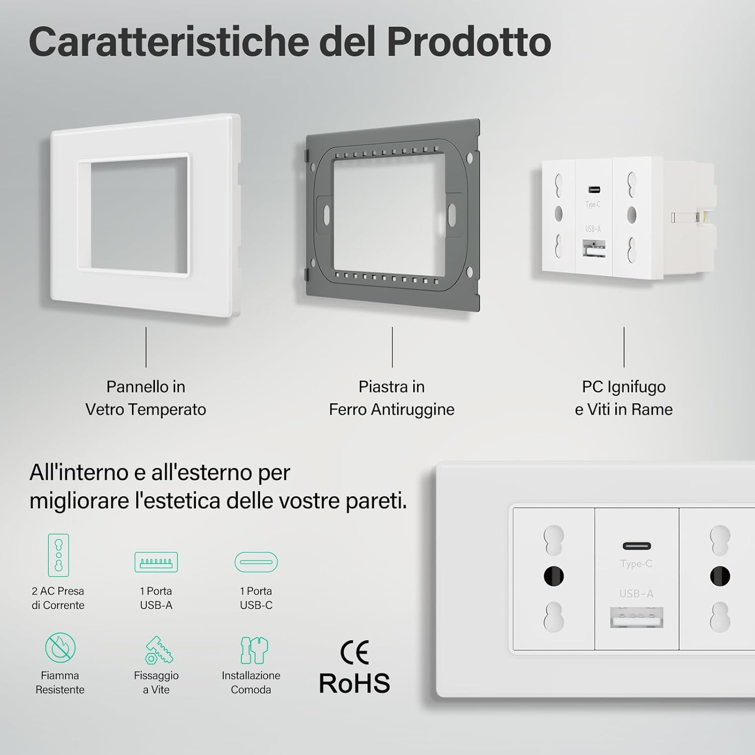 Caratteristiche prodotto: Pannello in vetro, piastra metallica, presa PC con USB-A/C.