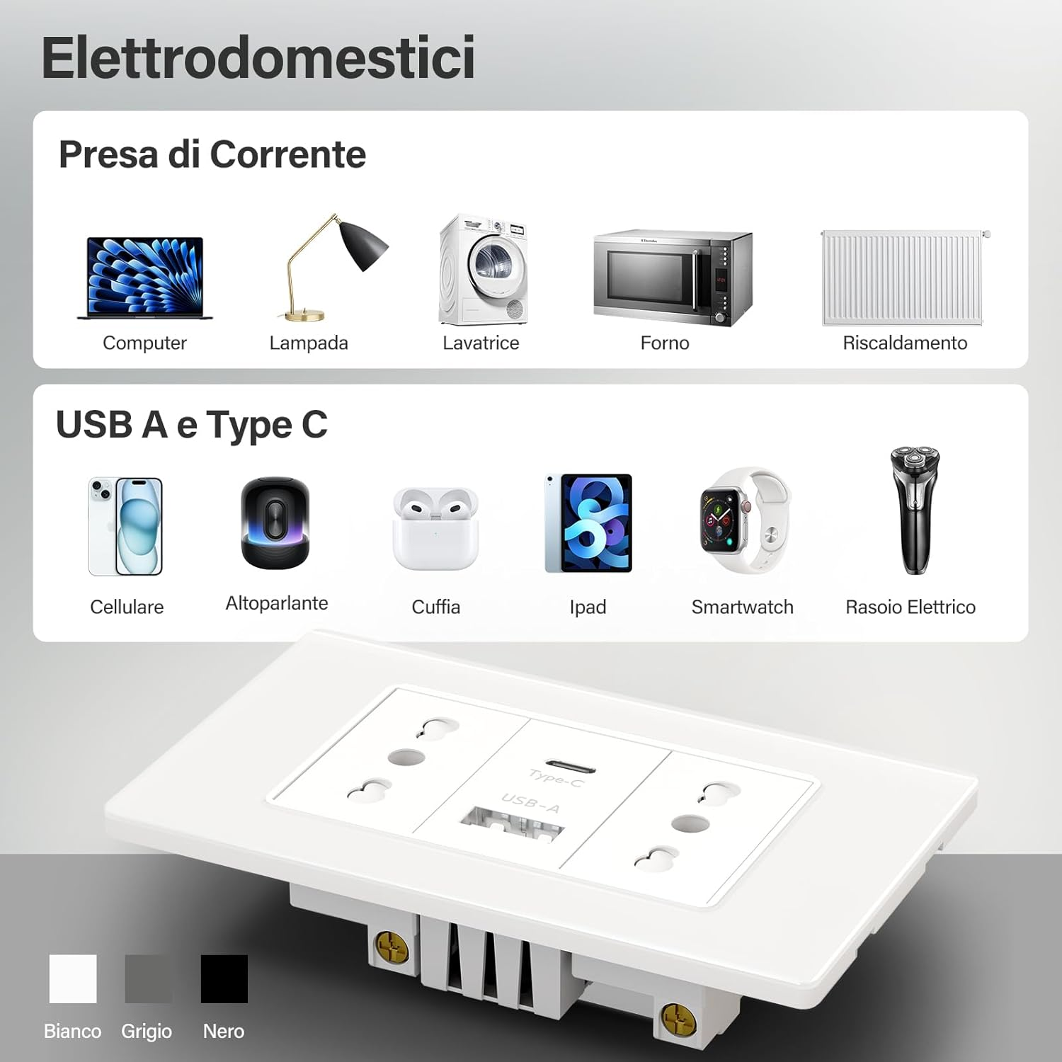 Selezione di elettrodomestici ed elettronica, inclusi prese e porte USB.