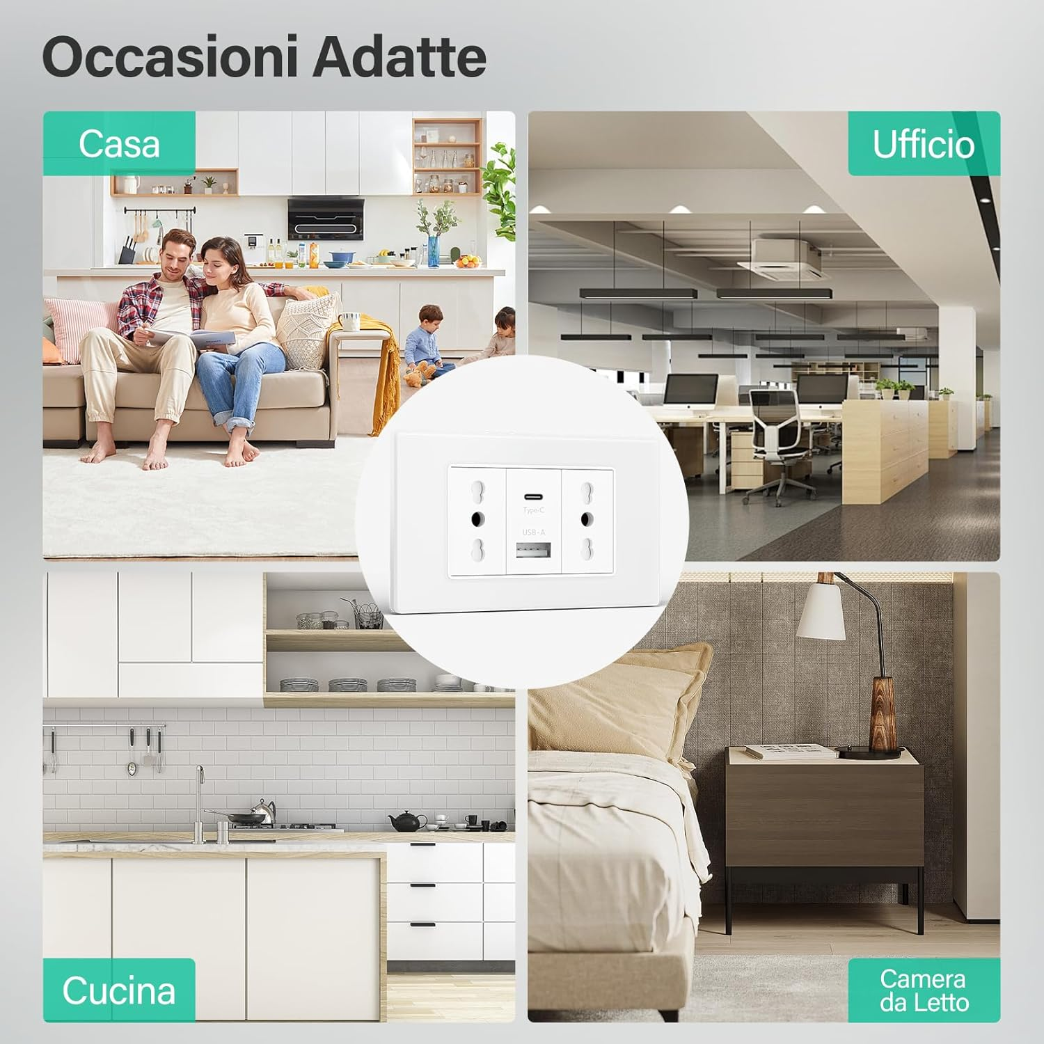 Il collage mostra scene di casa, ufficio, cucina e camera da letto con una presa.