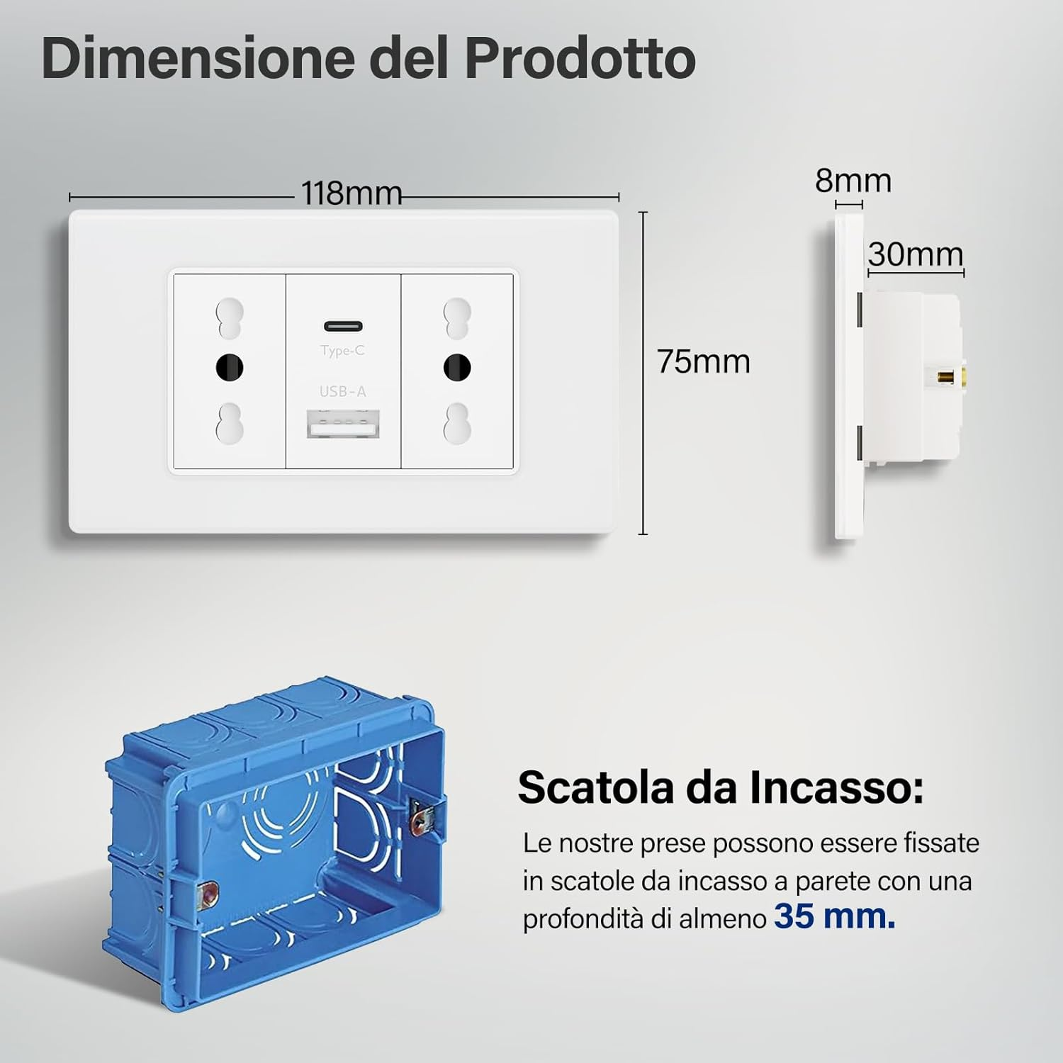 Prese bianche con USB-A/C e scatola da incasso blu. Dimensioni: 118x75mm.