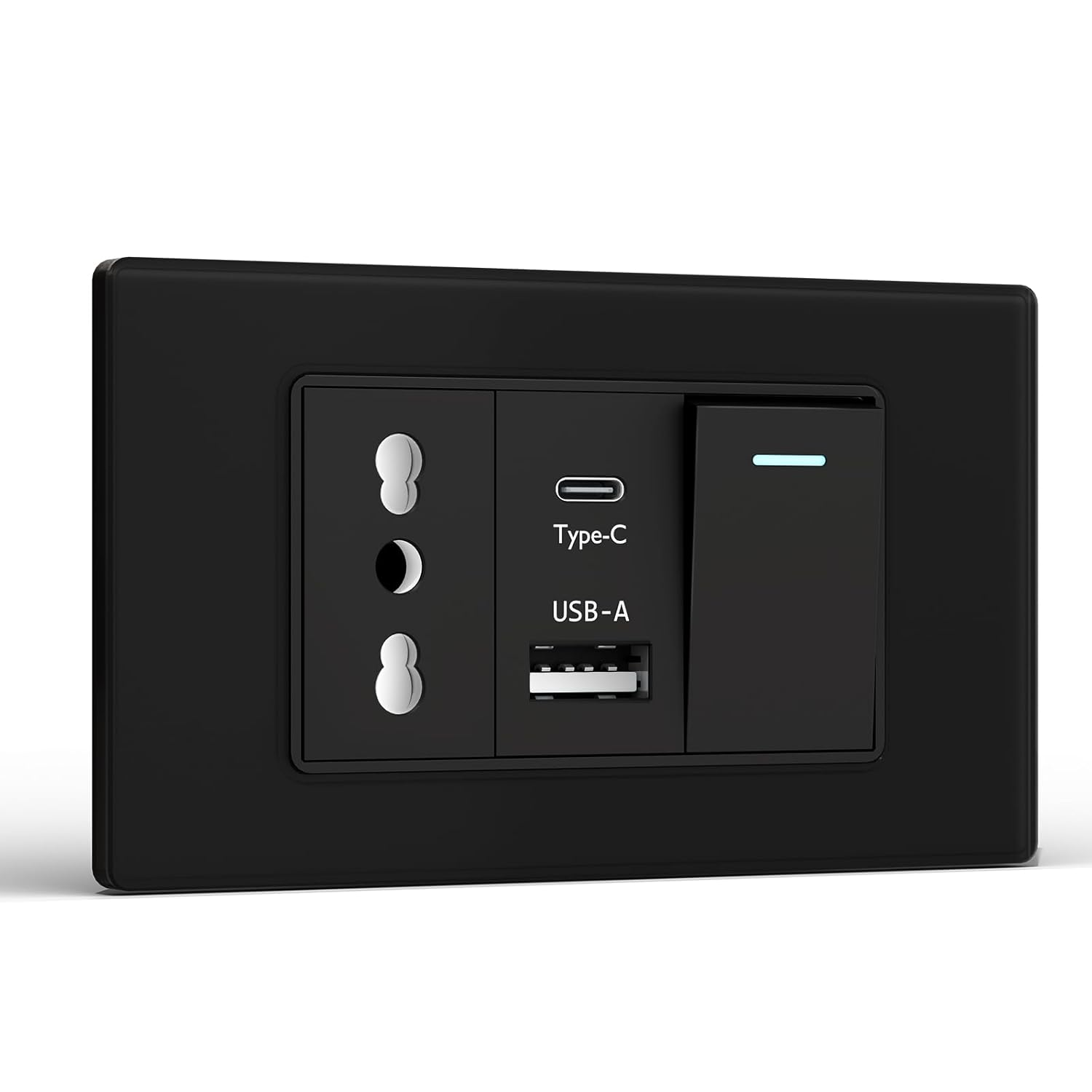 Presa a muro nera con porte USB-A, Type-C e un interruttore.