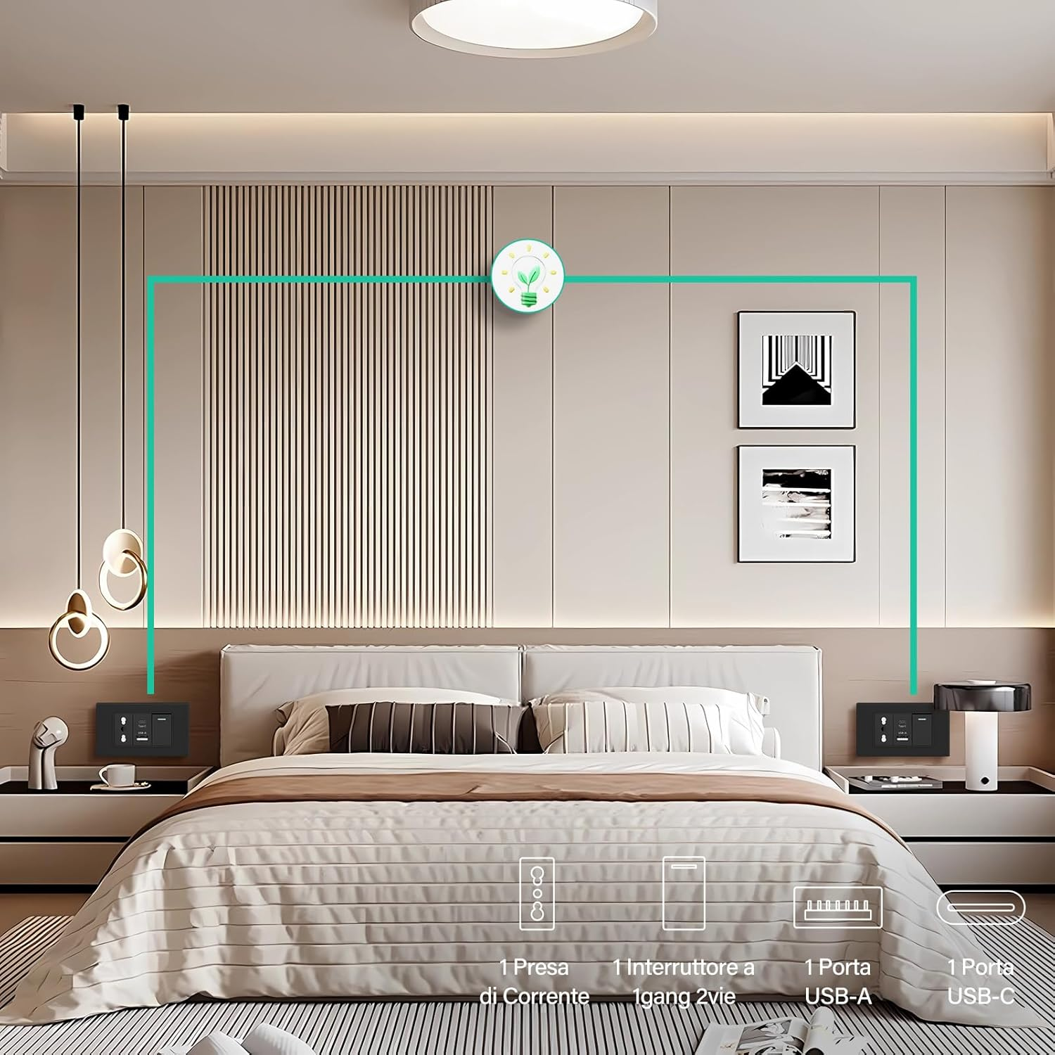 Una camera da letto con letto e due comodini dotati di prese elettriche.