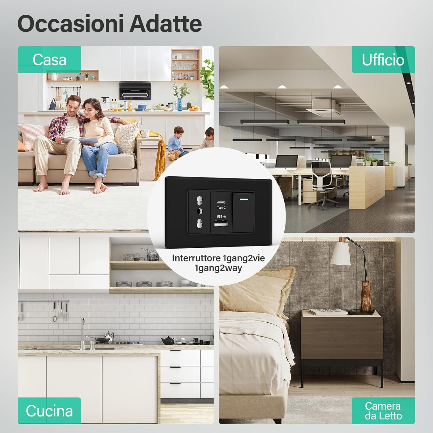 Quattro scene: soggiorno, ufficio, cucina, camera da letto. Interruttore con porte USB.