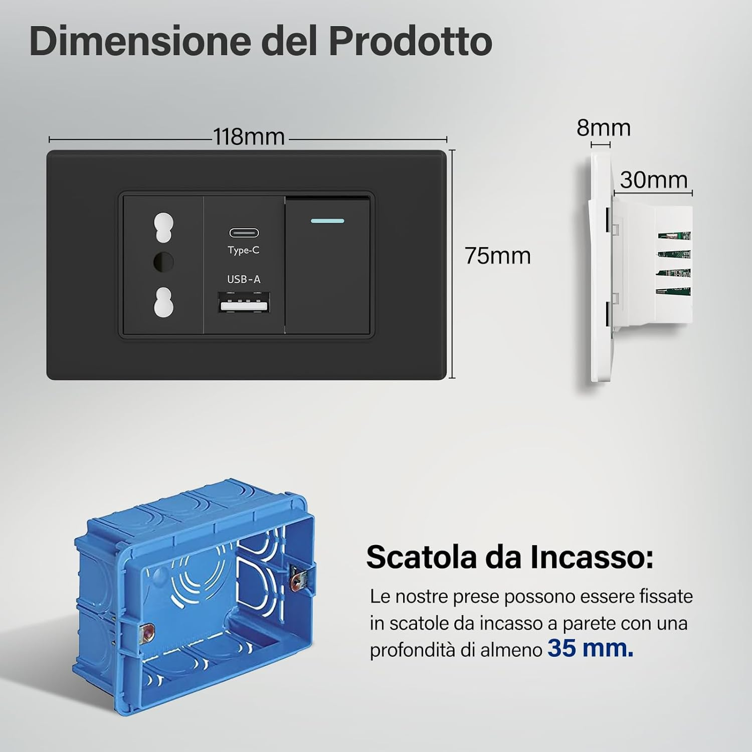 Prese nere con USB-A/C, dimensioni 118x75mm, e scatola da incasso blu.