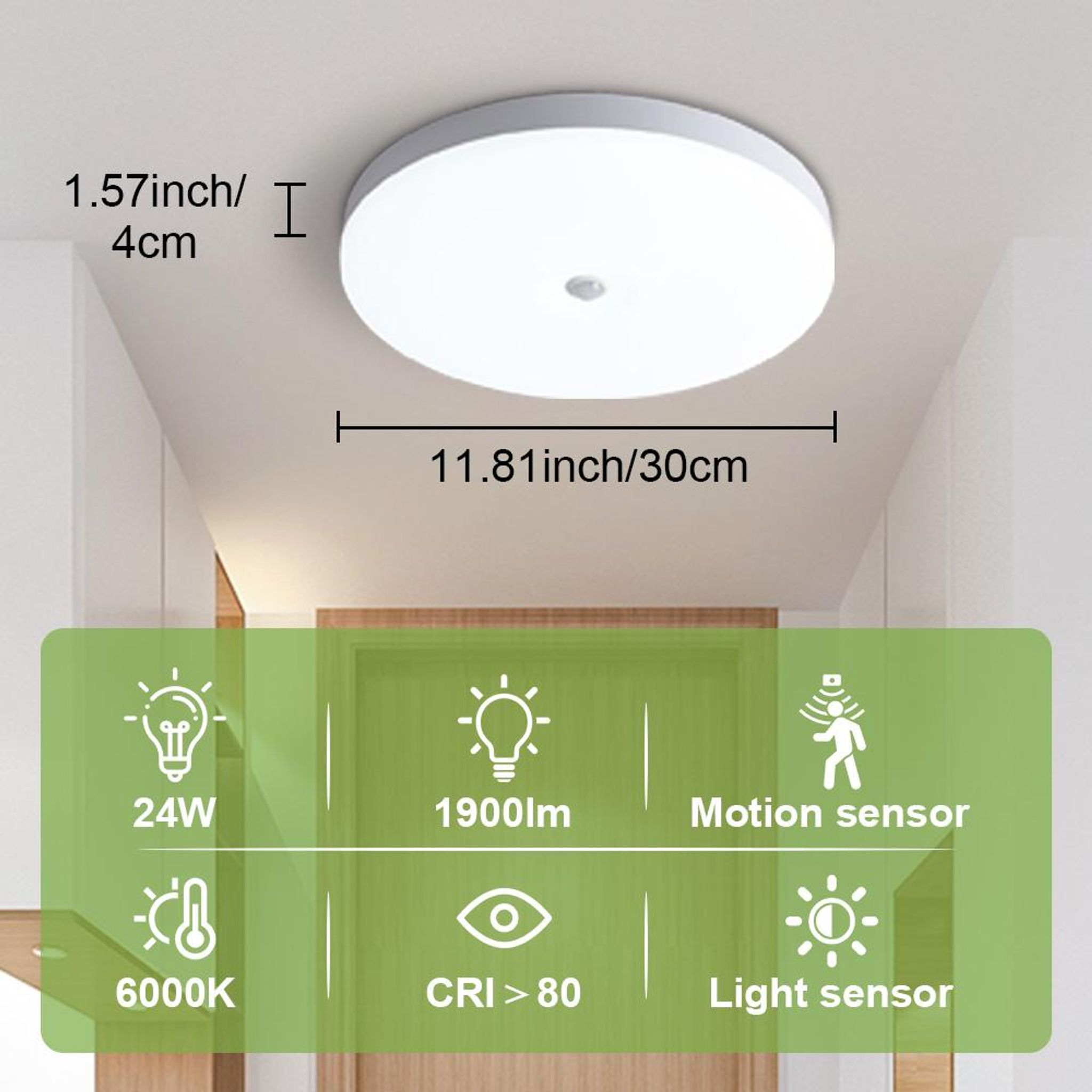 Plafoniera rotonda: 24W, 1900lm, 6000K, CRI<gt/>80, sensore movimento e luce.
