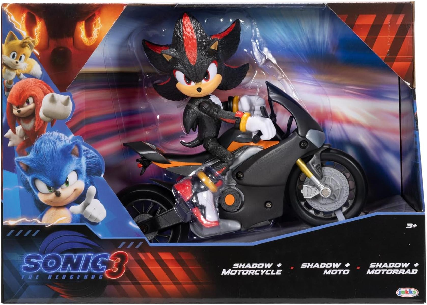 Figura de Shadow the Hedgehog en una motocicleta en la caja de Sonic 3.