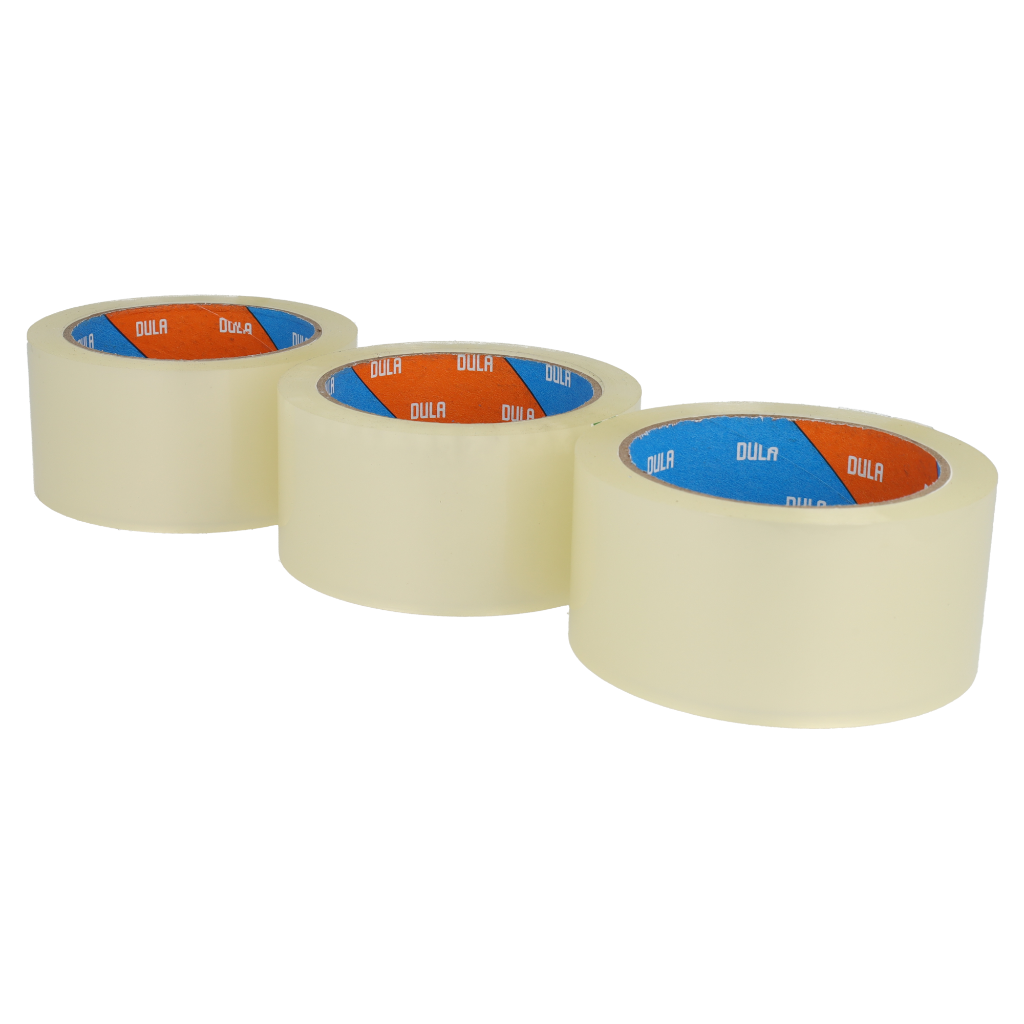 Drie rollen transparant verpakkingstape met oranje en blauwe labels.