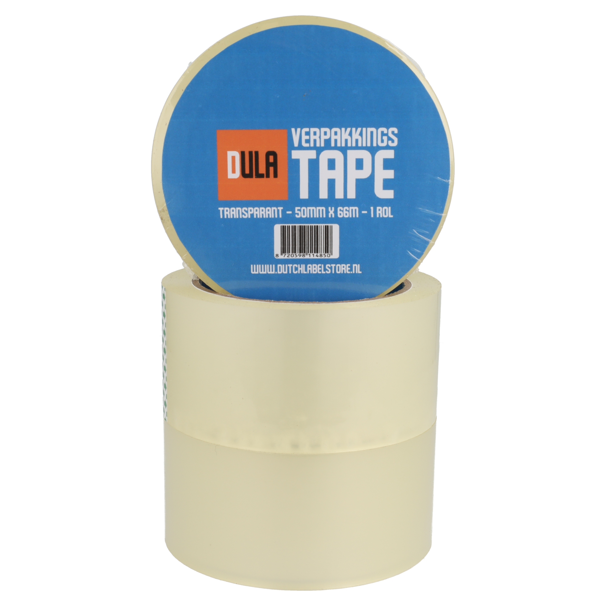 Twee rollen transparant plakband met blauw label. DULA TAPE.