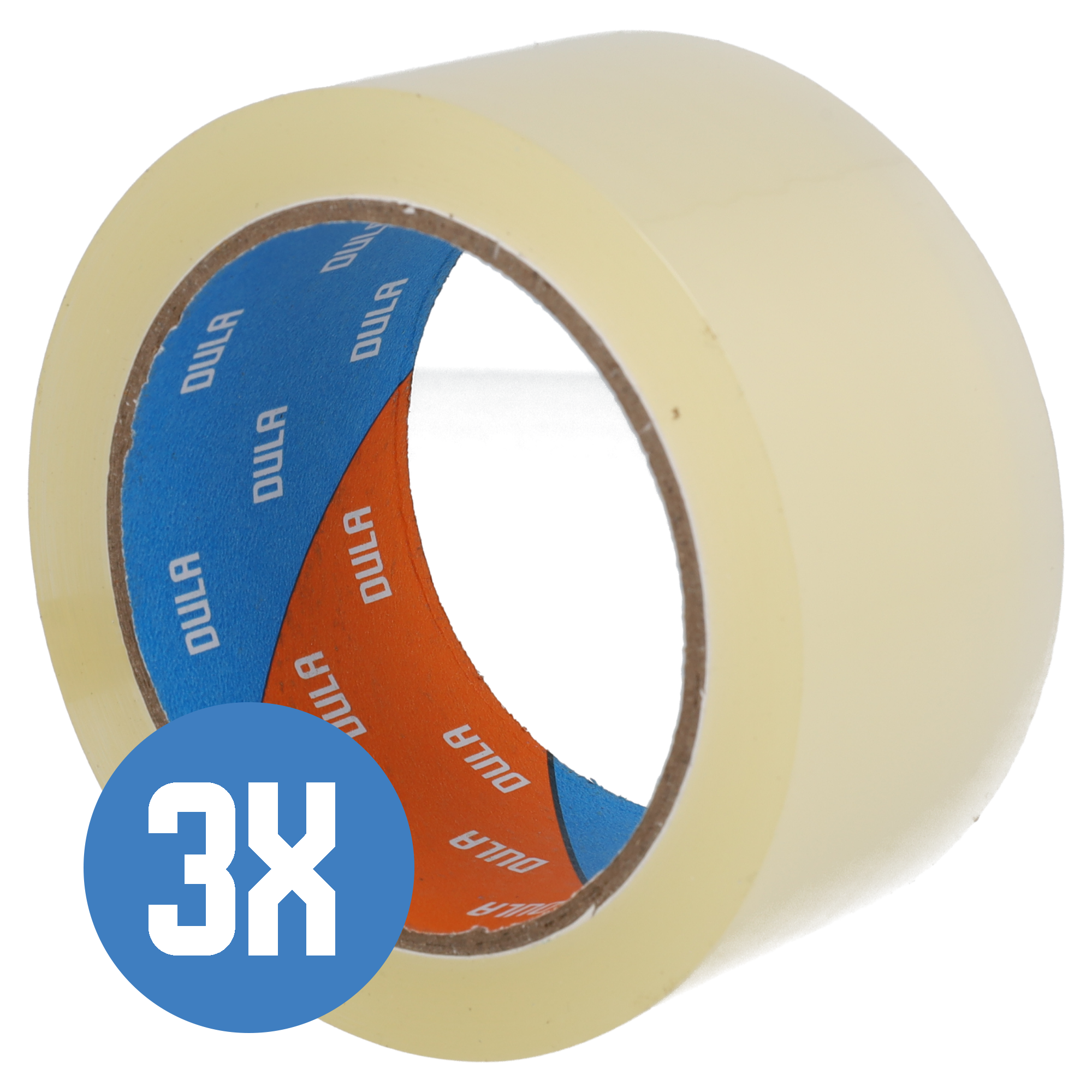 Een rol tape met 3X-opdruk. Het tape is transparant, de kern heeft blauwe en oranje branding.