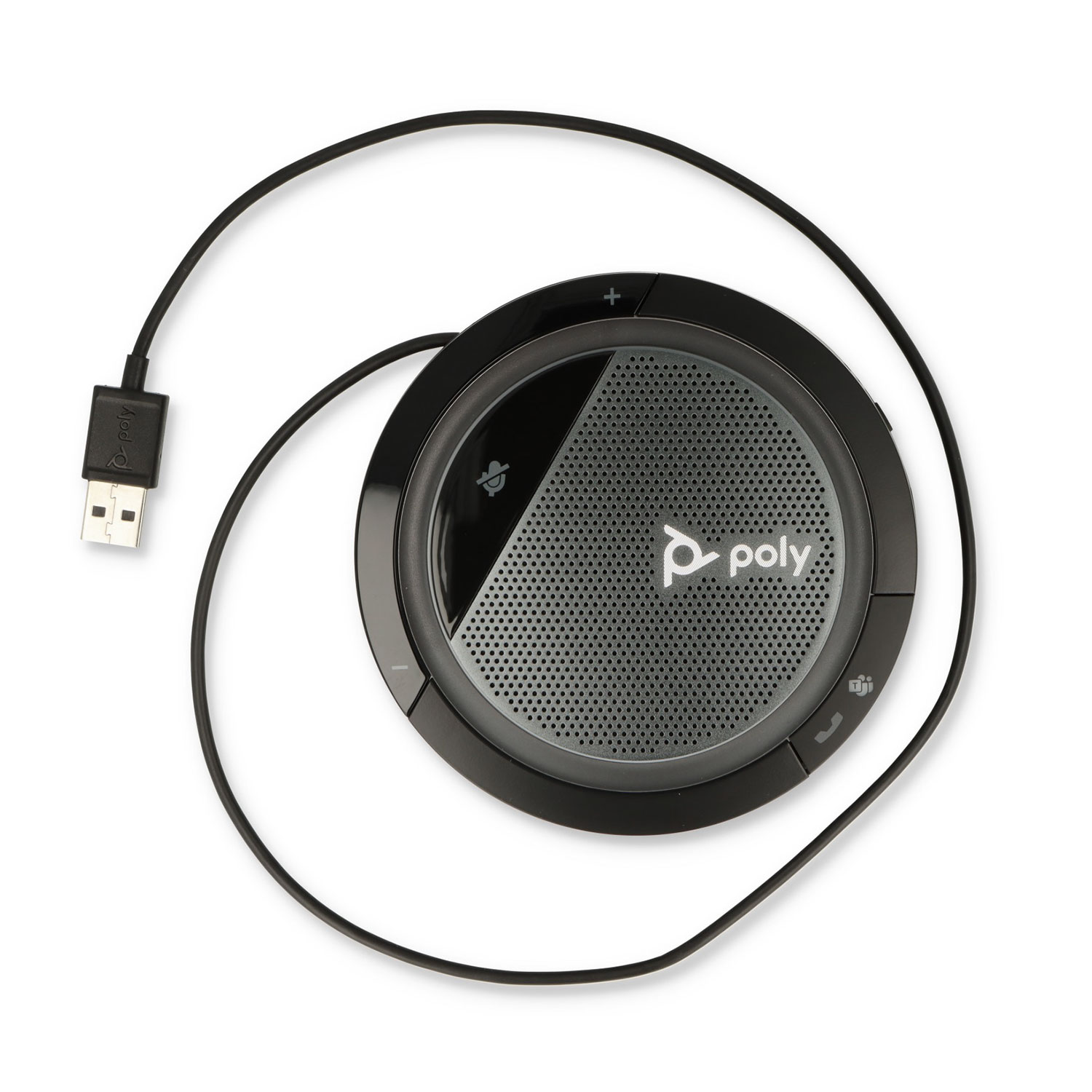 Ein schwarzer Poly USB-Lautsprecher mit einem Kabel und USB-Stecker.