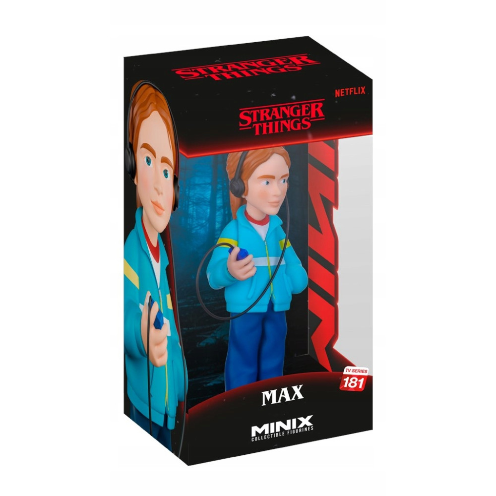 Figurka Minix Max ze Stranger Things w pudełku. Nosi słuchawki i niebieski strój.