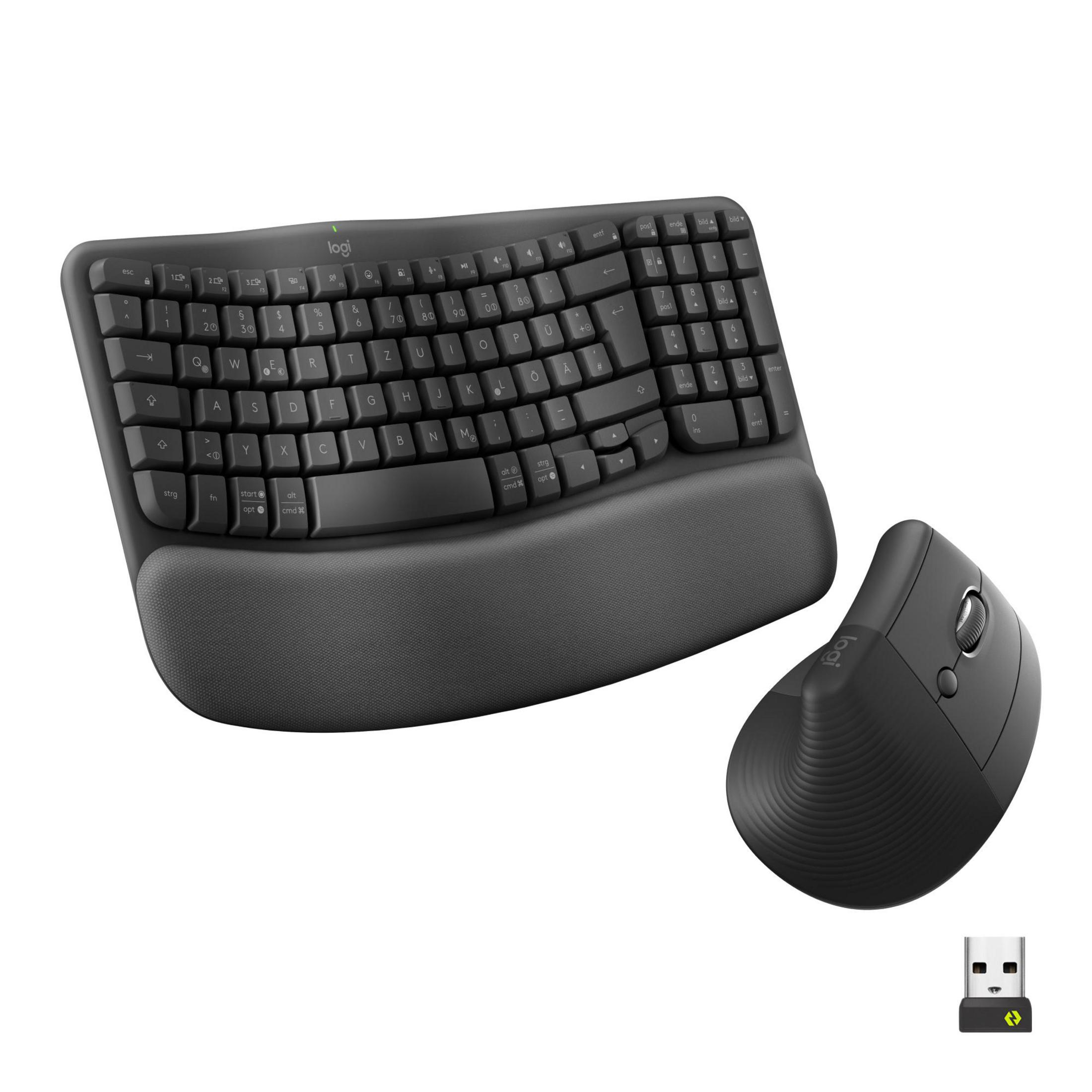 Tastiera nera ergonomica e mouse verticale con ricevitore USB.