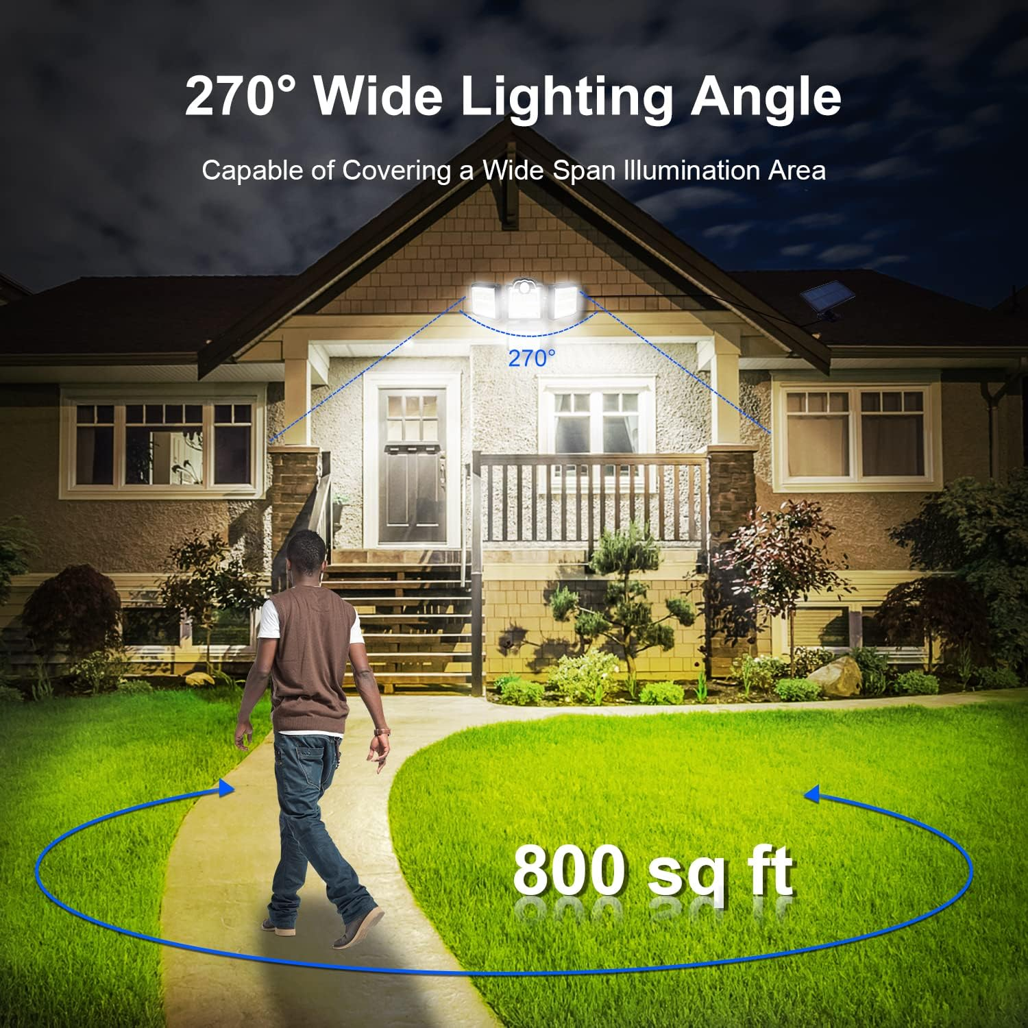 Un uomo cammina su un sentiero davanti a una casa con un ampio angolo di luce di 270°.