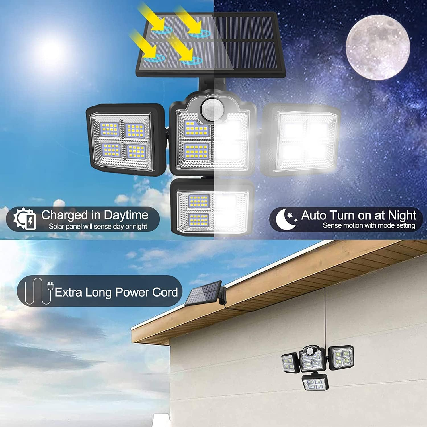 Lampada solare da esterno multi-testa, si carica di giorno, si accende automaticamente di notte.