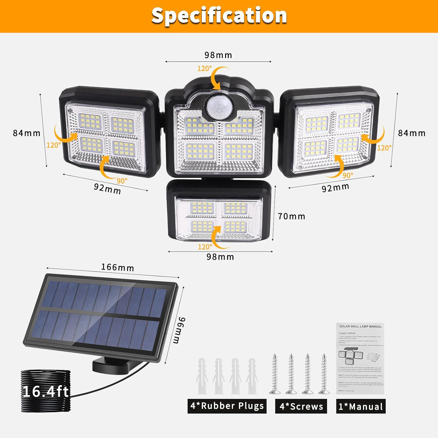 Luce solare da parete a tre teste, pannello solare, viti e manuale.