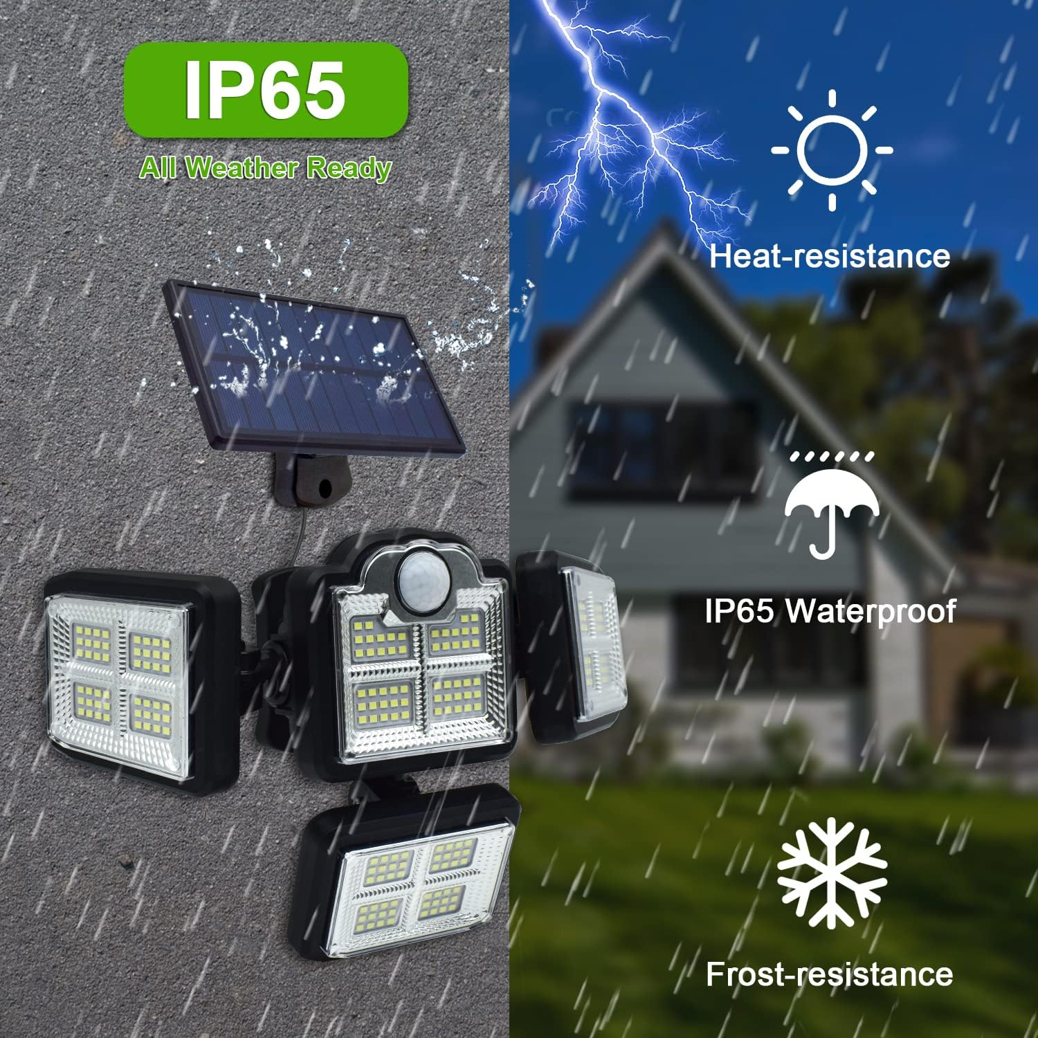 Luce solare a LED per esterni con classificazione IP65, resistente al calore e al gelo.