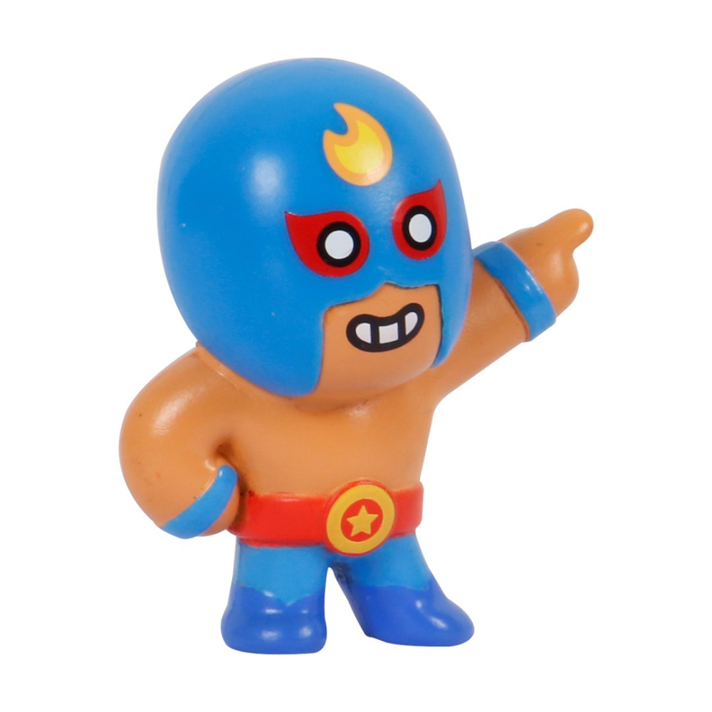 Mała figurka z niebieską maską, czerwonym pasem i niebieskimi butami.