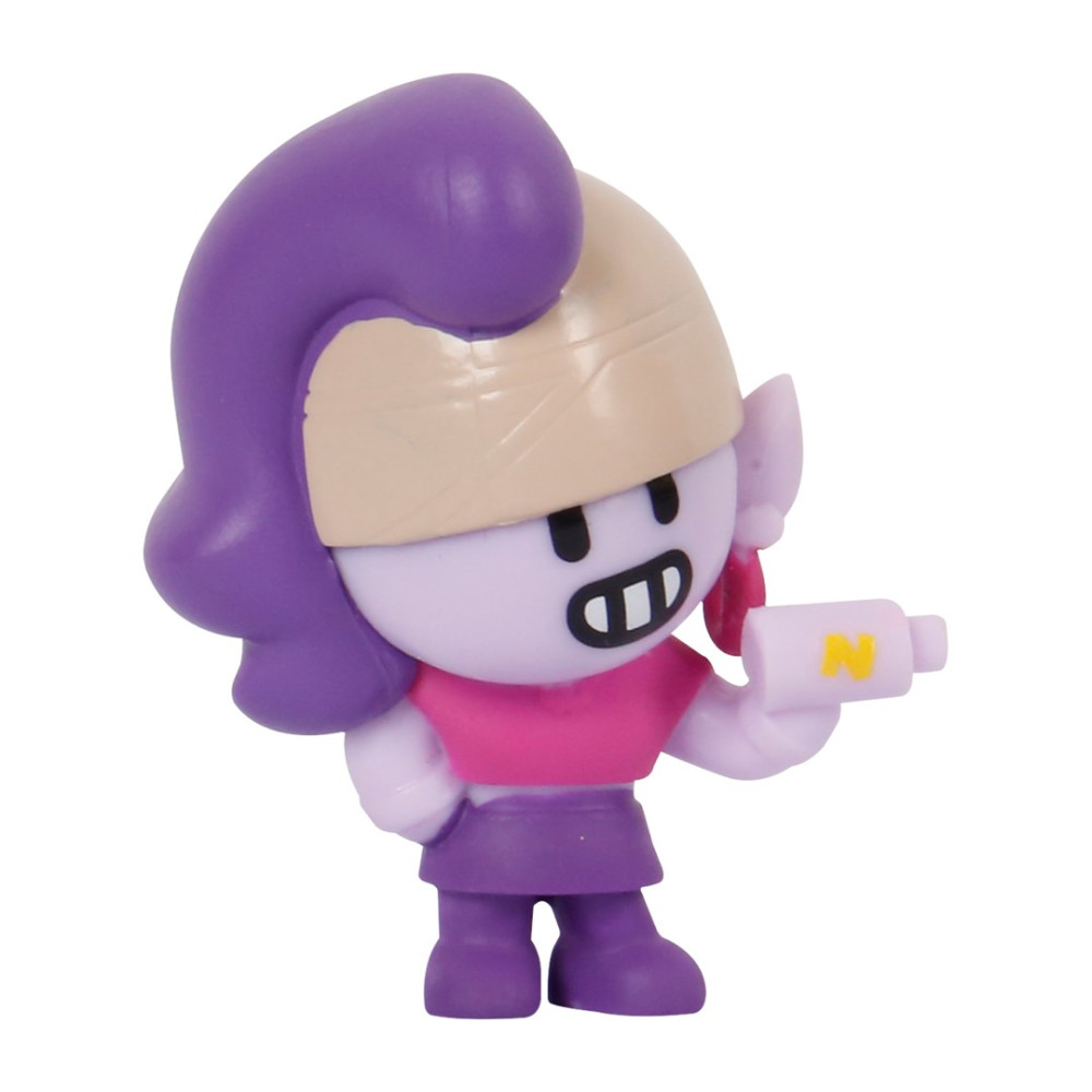 Fioletowe włosy, banda, różowy top, fioletowa spódniczka, mała figurka z bronią.