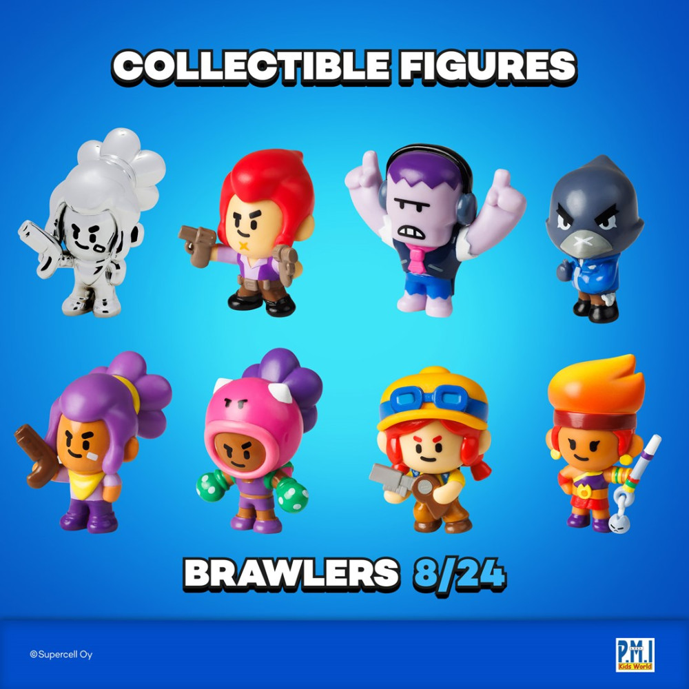 Kolekcja ośmiu figurek kolekcjonerskich Brawl Stars na niebieskim tle.