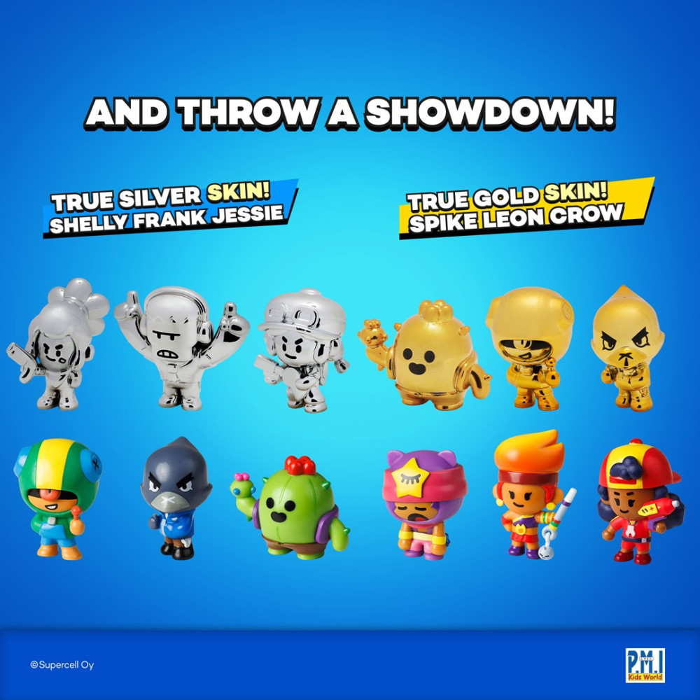 Figurki Brawl Stars w kolorze srebrnym i złotym, z postaciami poniżej.