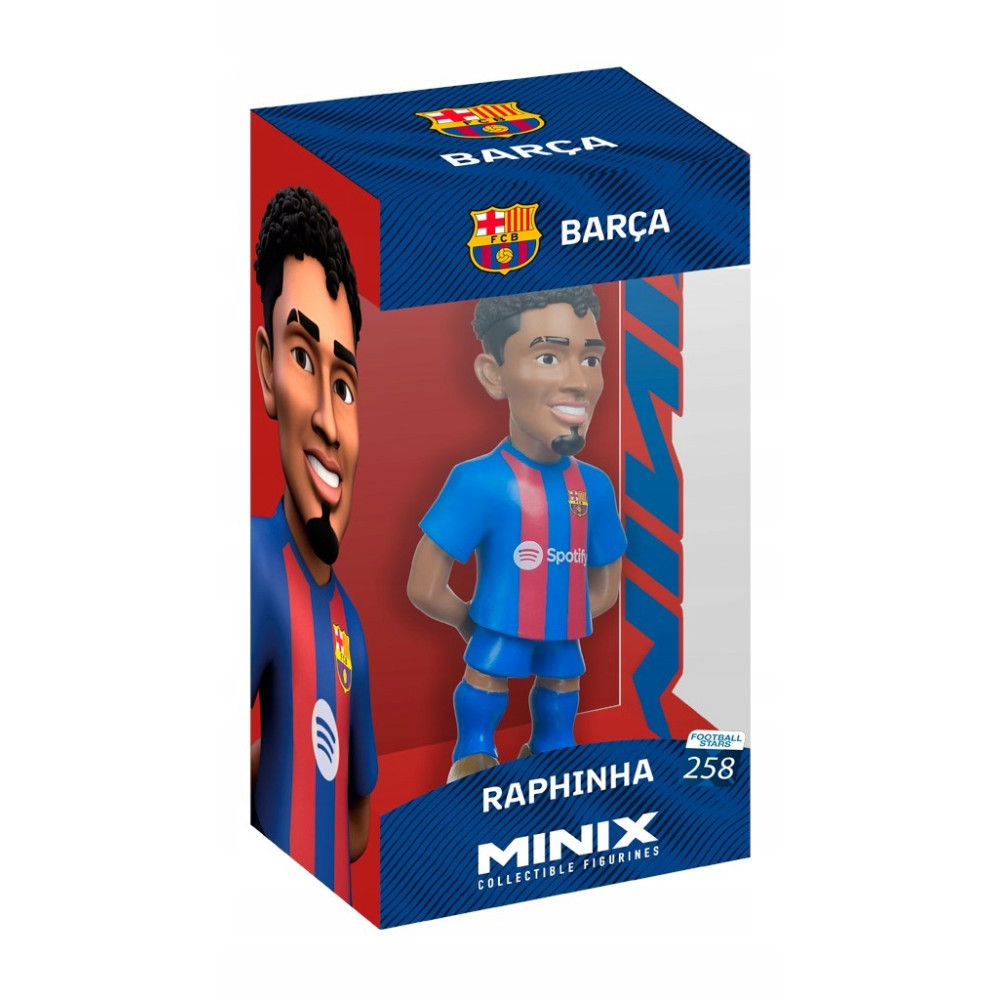 Figurka Minix Raphinhy w stroju Barcelony w pudełku z logo klubu.