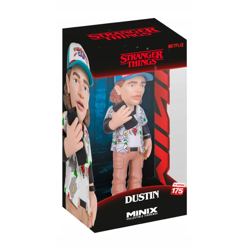 Figurka Minix Dustina ze Stranger Things w pudełku, trzymająca walkie-talkie.