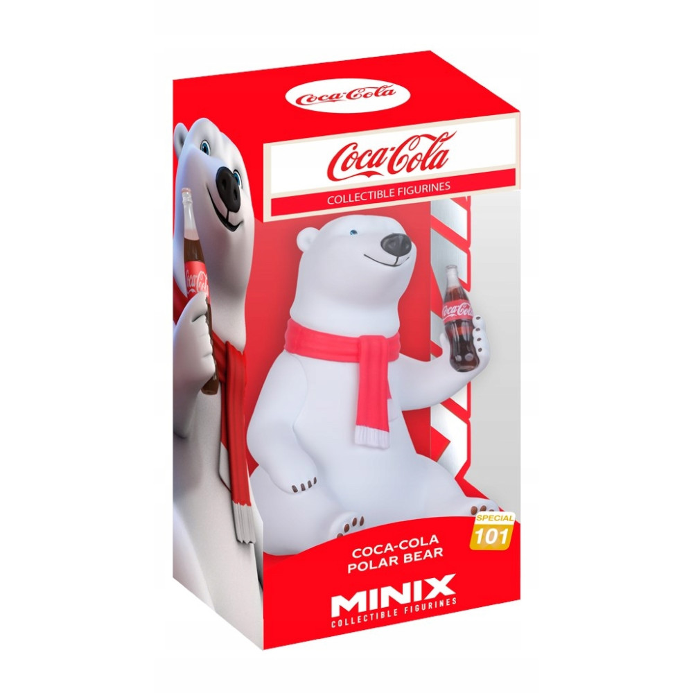 Figurka kolekcjonerska Coca-Cola Polar Bear Minix w pudełku z logo Coca-Cola.