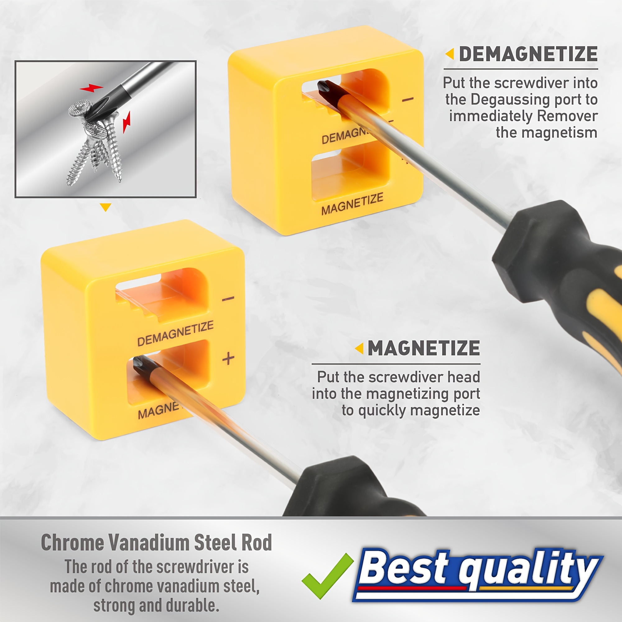 Magnetizzatore/smagnetizzatore giallo con cacciavite e viti.