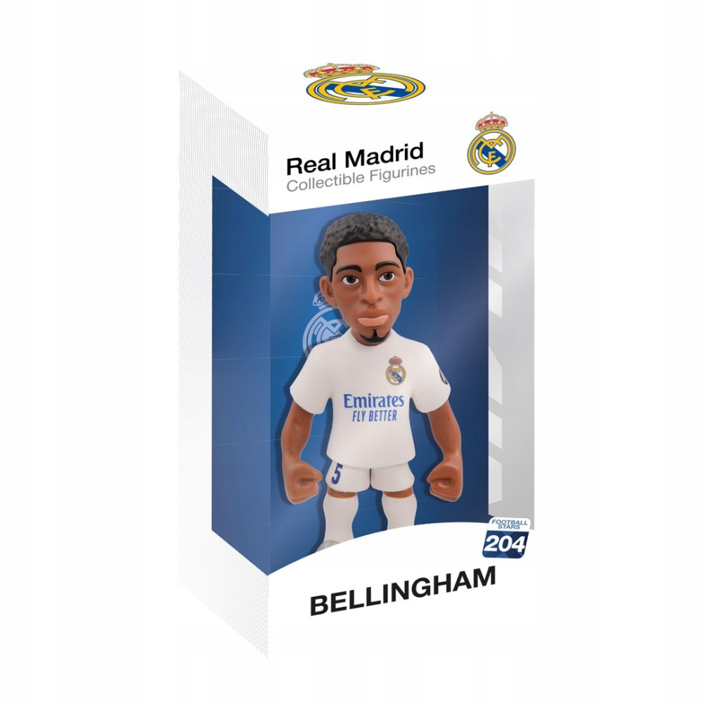 Figurilla coleccionable del Real Madrid de Bellingham con camiseta blanca y logo Emirates.