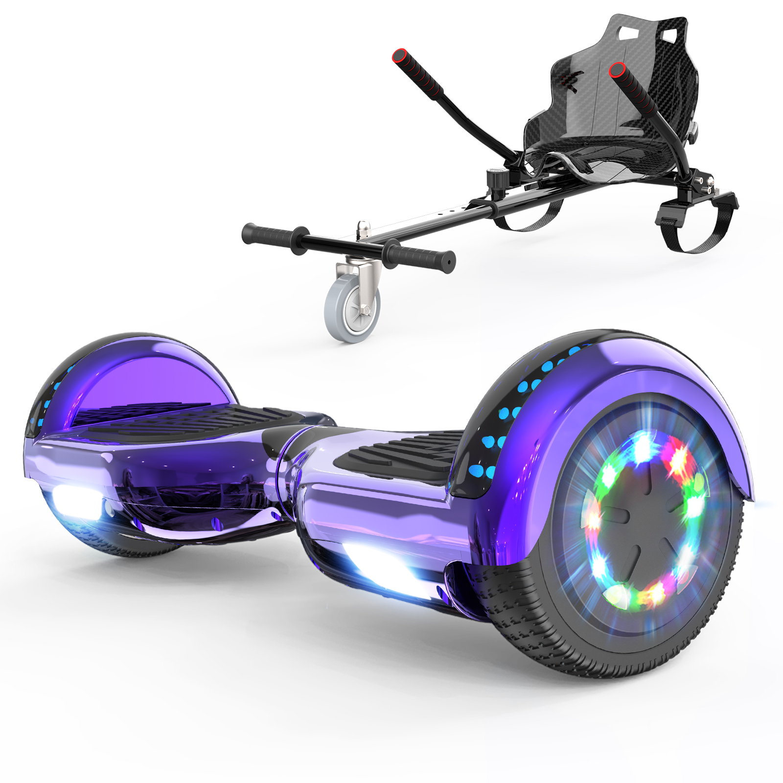 Een paars hoverboard met kleurrijke lichten en een hoverboard-accessoire.