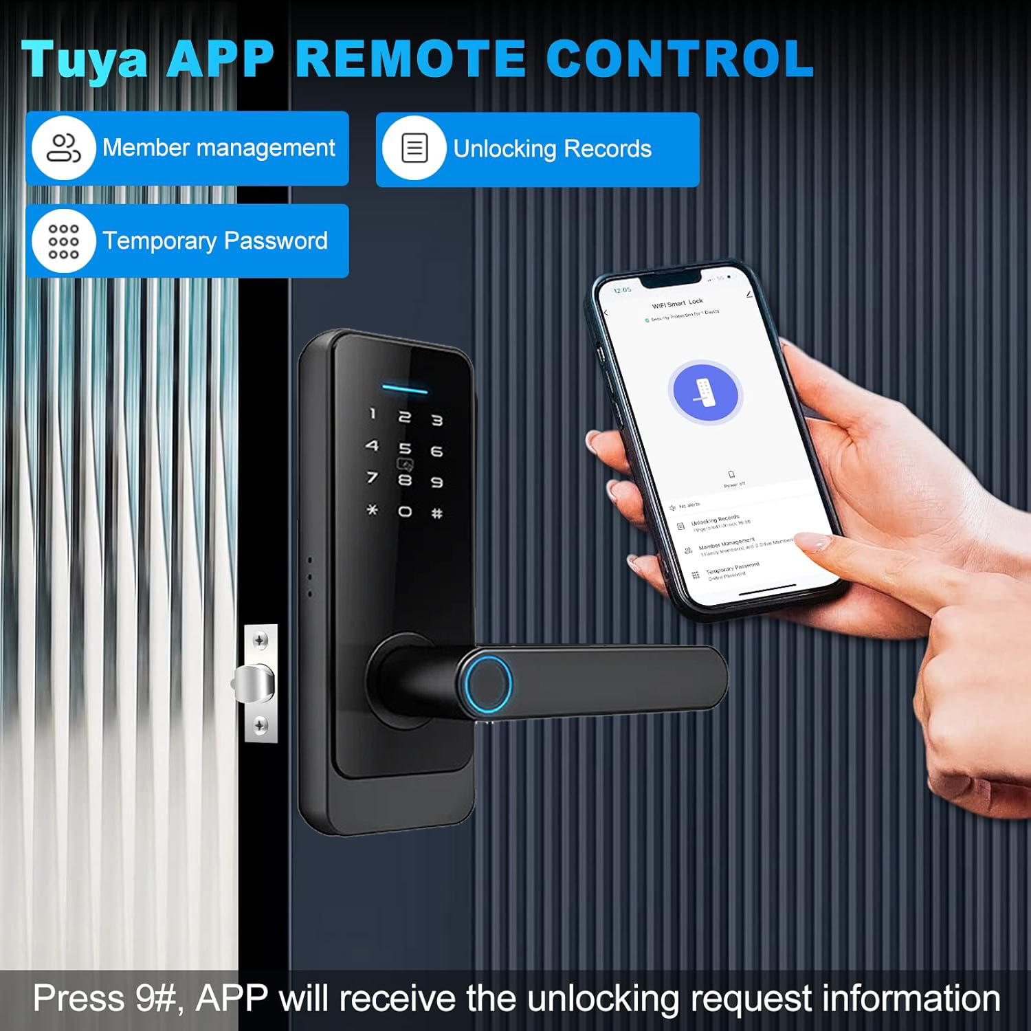 Uno smartphone mostra l'app Tuya per il controllo remoto di una serratura intelligente, gestione membri.