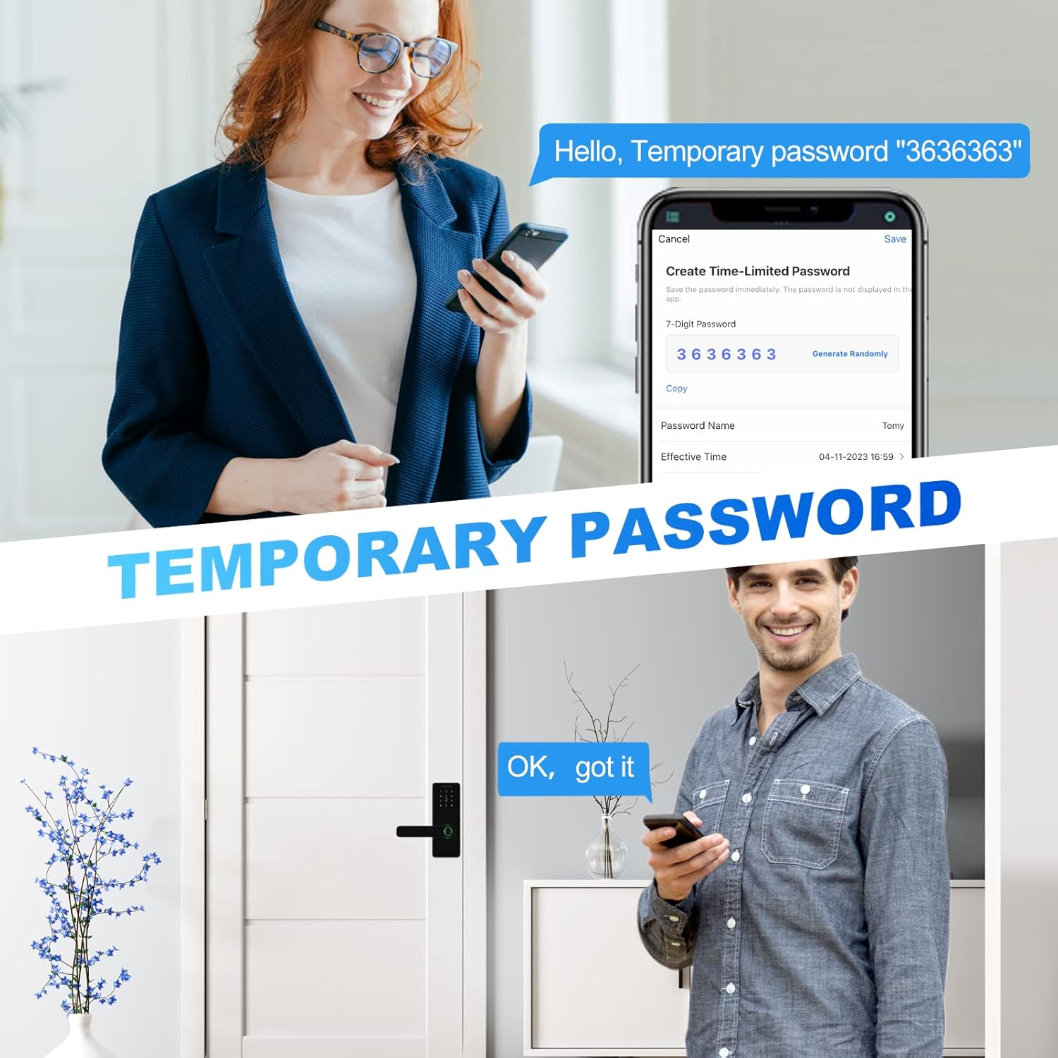 Donna con occhiali, telefono mostra password temporanea. Uomo con telefono vicino porta.