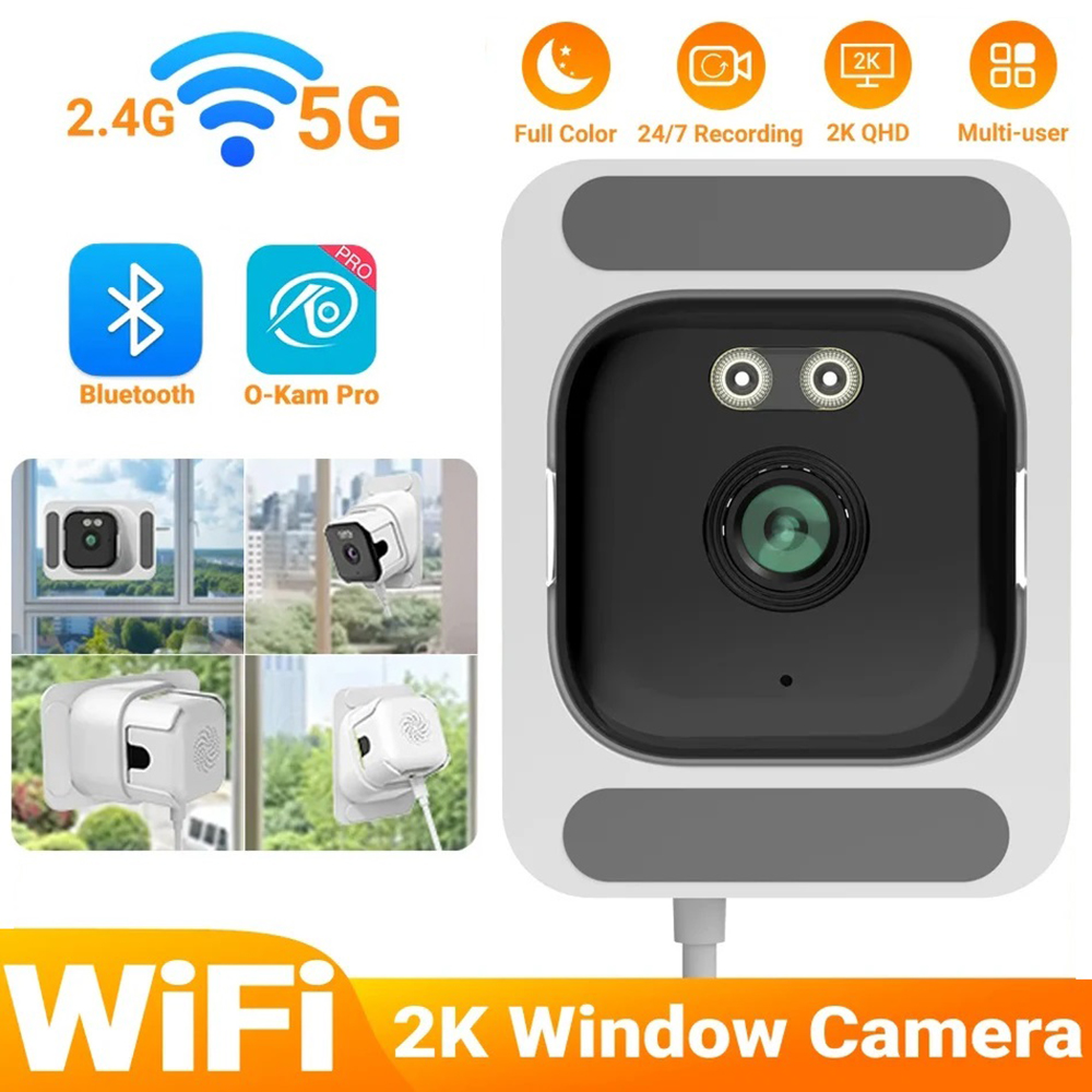 Immagine prodotto telecamera finestra WiFi 2K con caratteristiche ed esempi di installazione.