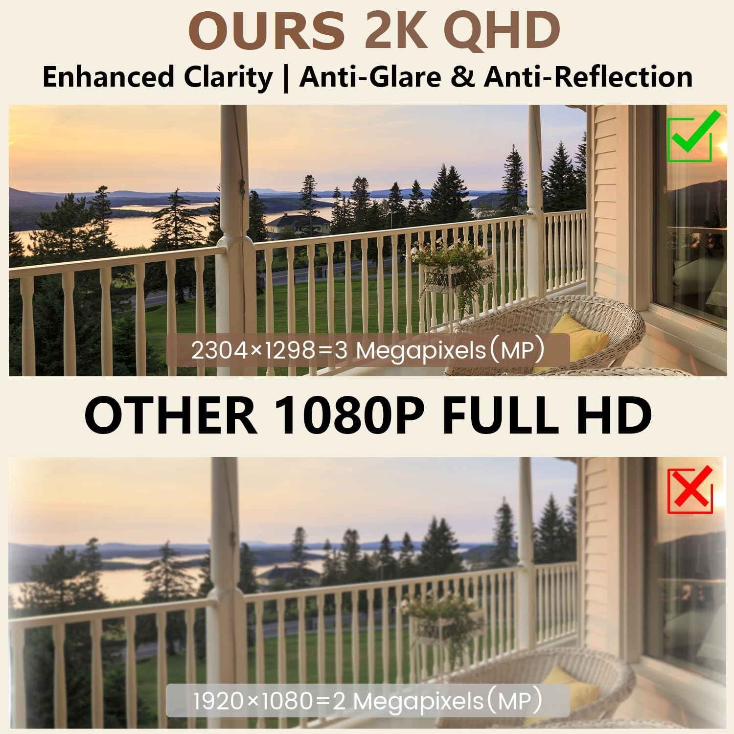 Confronto tra due viste della telecamera: in alto 2K QHD, in basso 1080p. Dettagli più chiari.