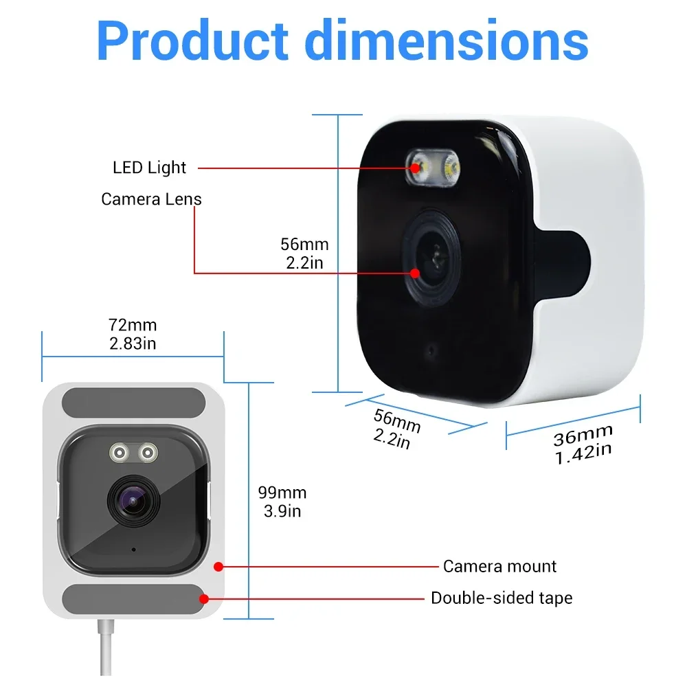 Dimensioni del prodotto: Fotocamera con LED, obiettivo. 72x99x36mm.