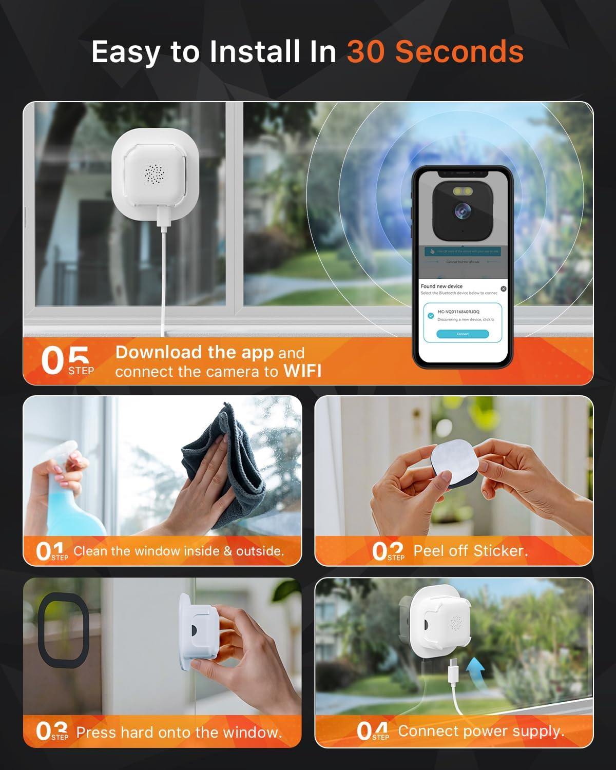 Guida all'installazione della telecamera in 5 passaggi: scarica app, pulisci finestra, rimuovi adesivo, premi sulla finestra, collega alimentazione.