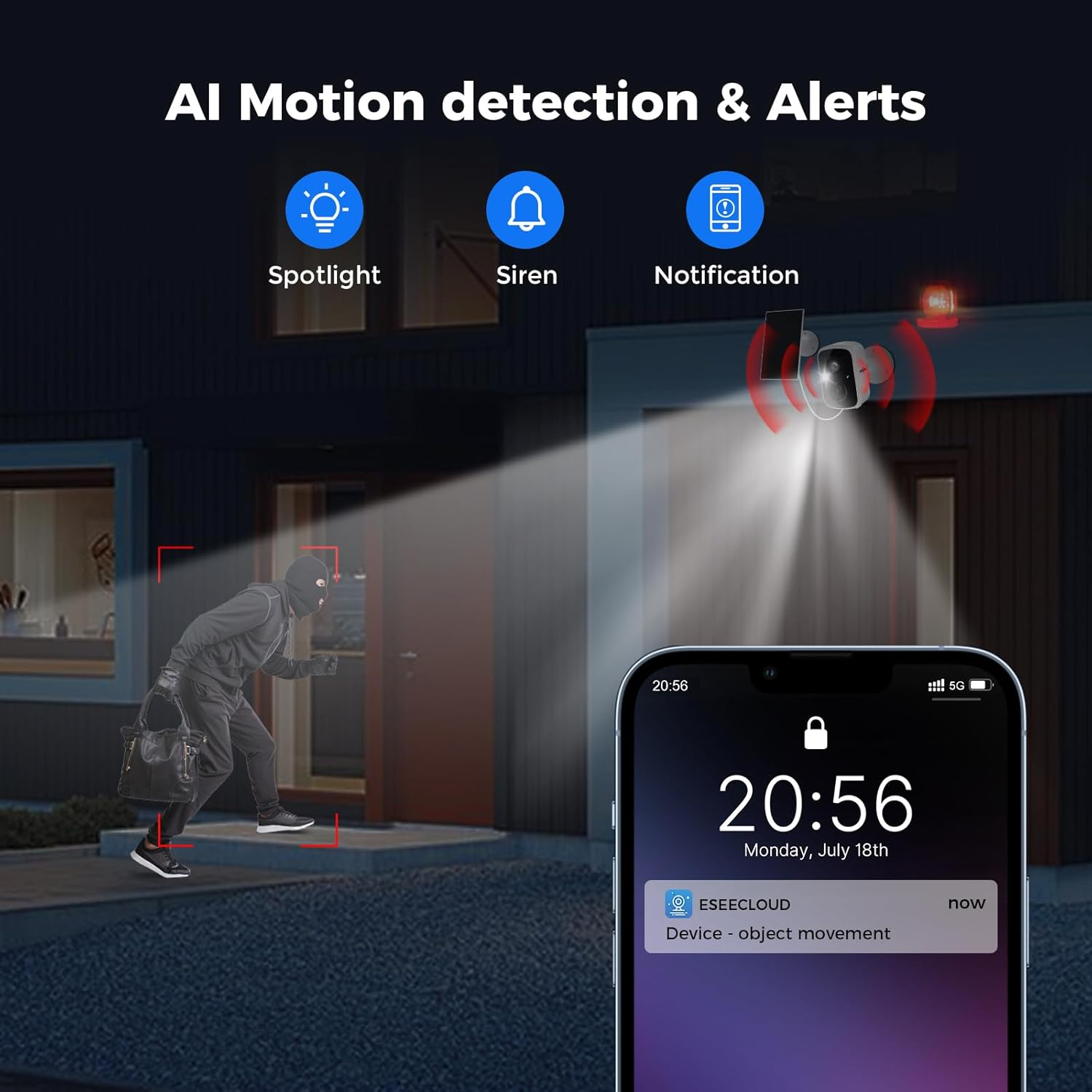 Intruso rilevato da telecamera IA; telefono mostra notifica di allerta.