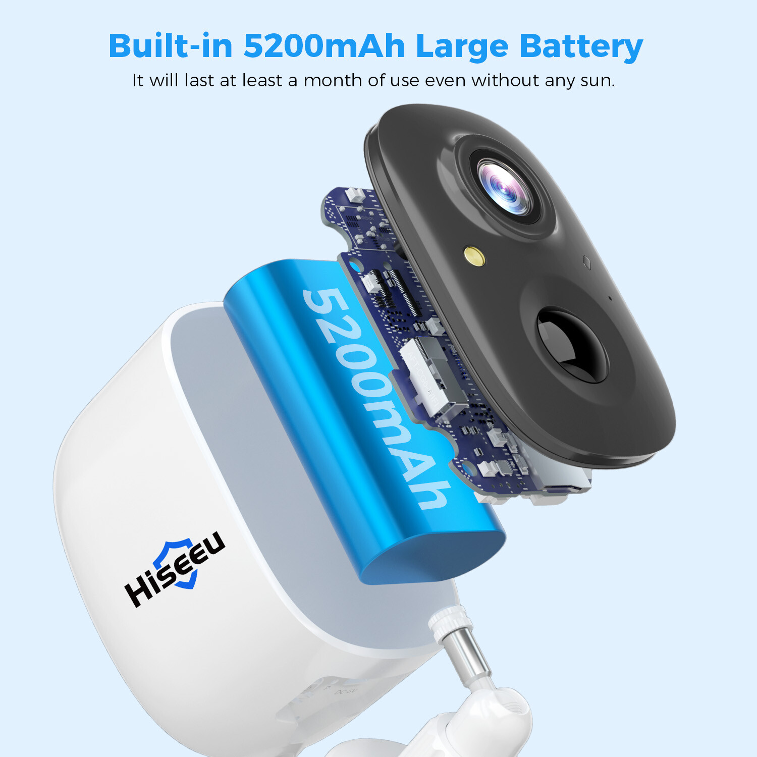 Vista esplosa di una telecamera bianca che mostra una batteria blu da 5200mAh e un circuito stampato.