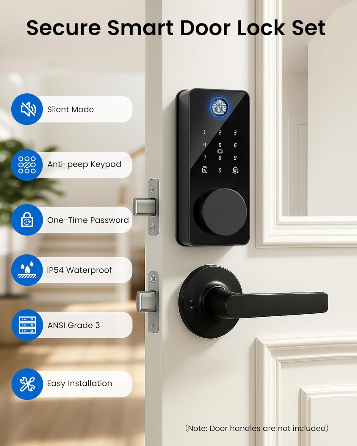 Serratura smart nera con tastiera, sensore impronte e maniglia.