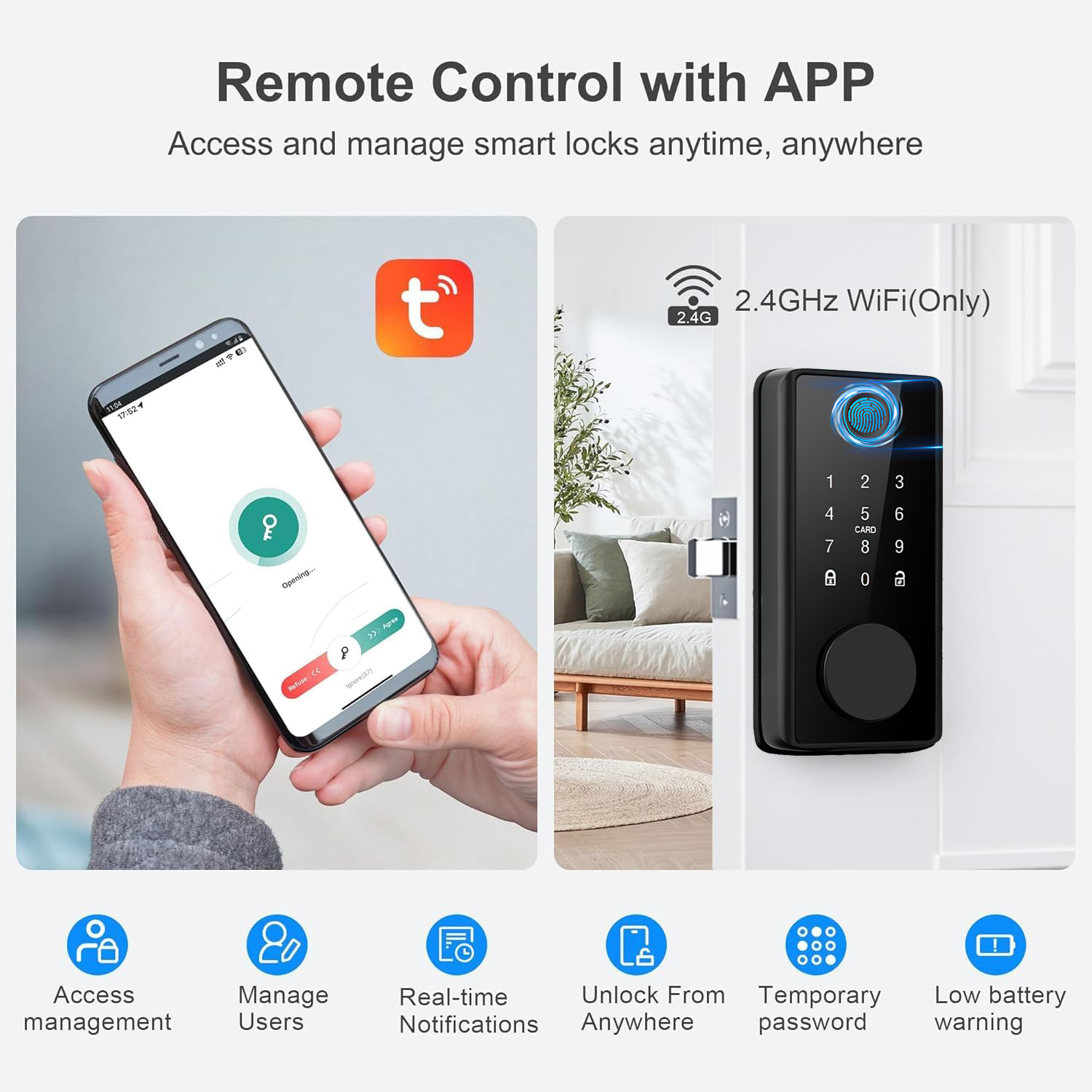 L'app del telefono controlla la serratura intelligente tramite WiFi a 2,4 GHz. Include gestione accessi, gestione utenti, notifiche, sblocco, password temporanea, avviso batteria scarica.