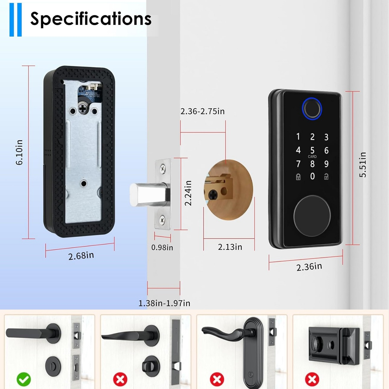 Specifiche di un'unità di blocco porta intelligente nera con dimensioni.