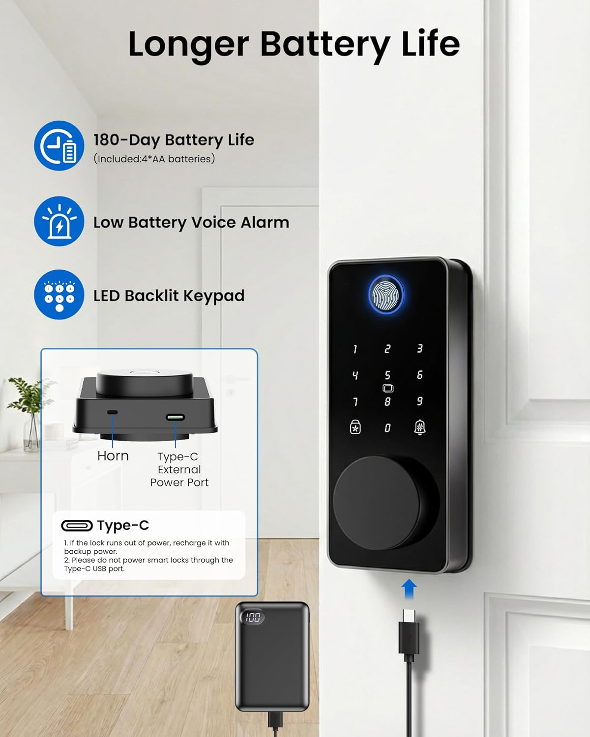 Serratura smart nera con sensore impronte, tastiera e manopola. Porta Type-C.