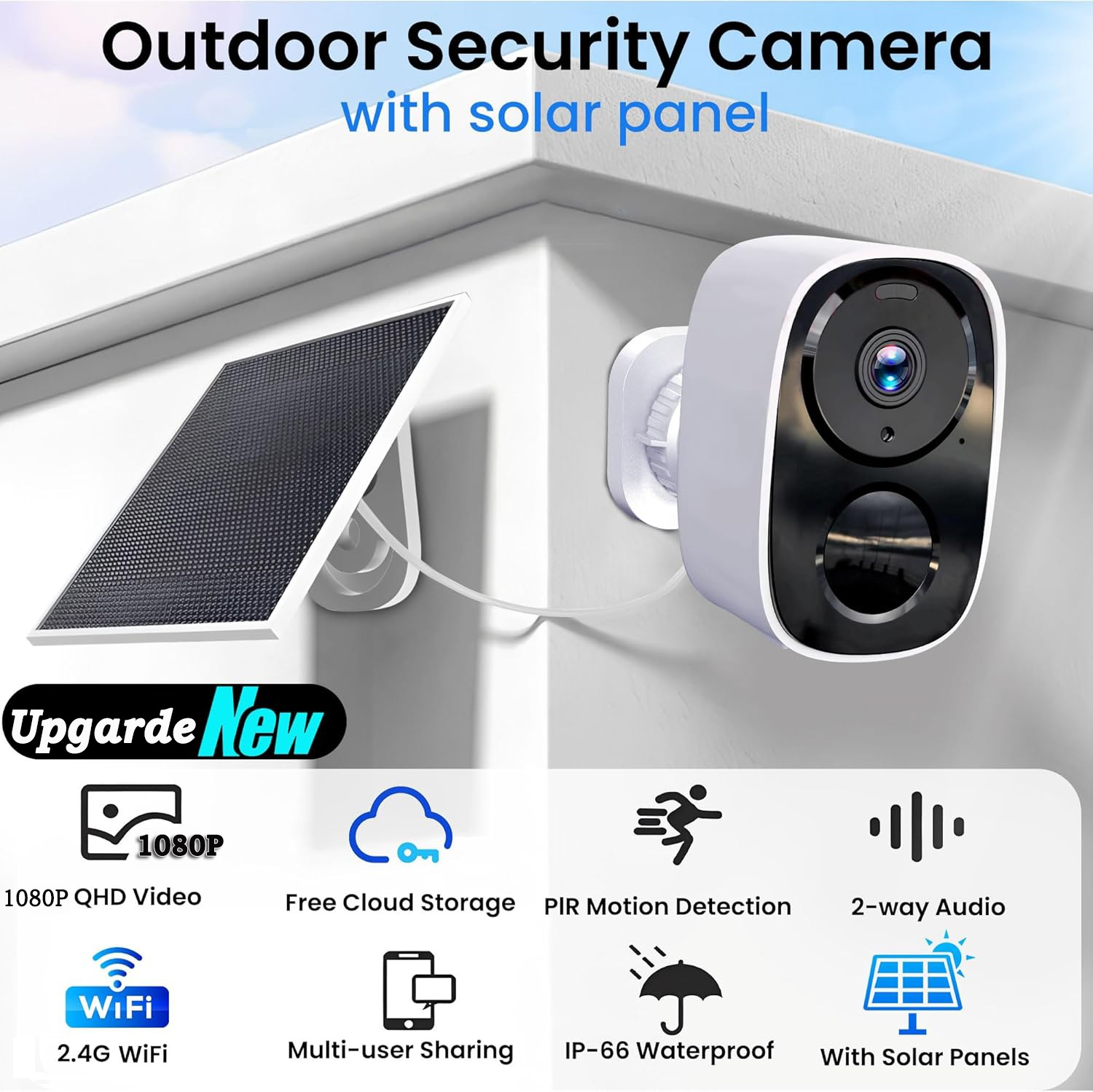 Telecamera di sicurezza esterna con pannello solare, video 1080P, cloud, PIR, WiFi, audio bidirezionale.