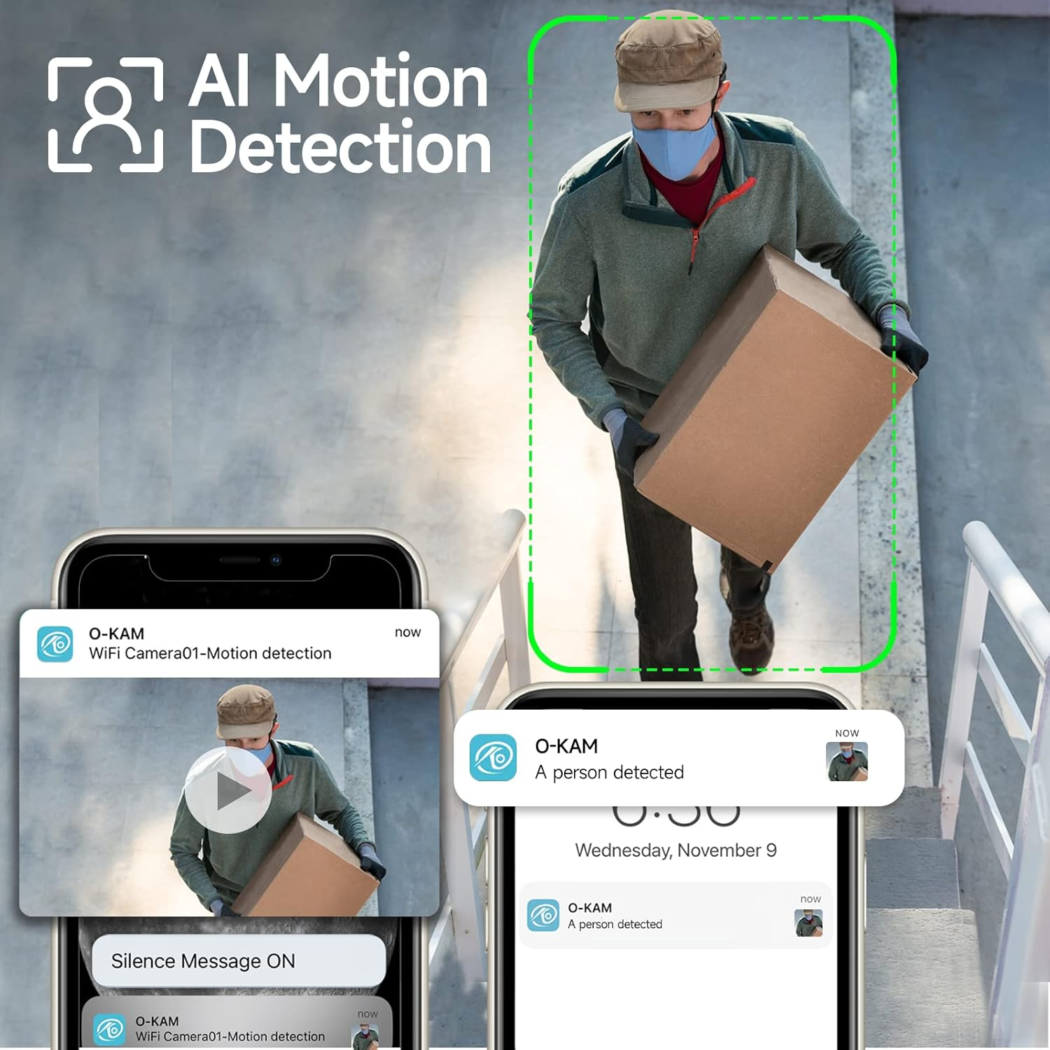 Uomo con pacco sulle scale, notifiche del telefono in primo piano.