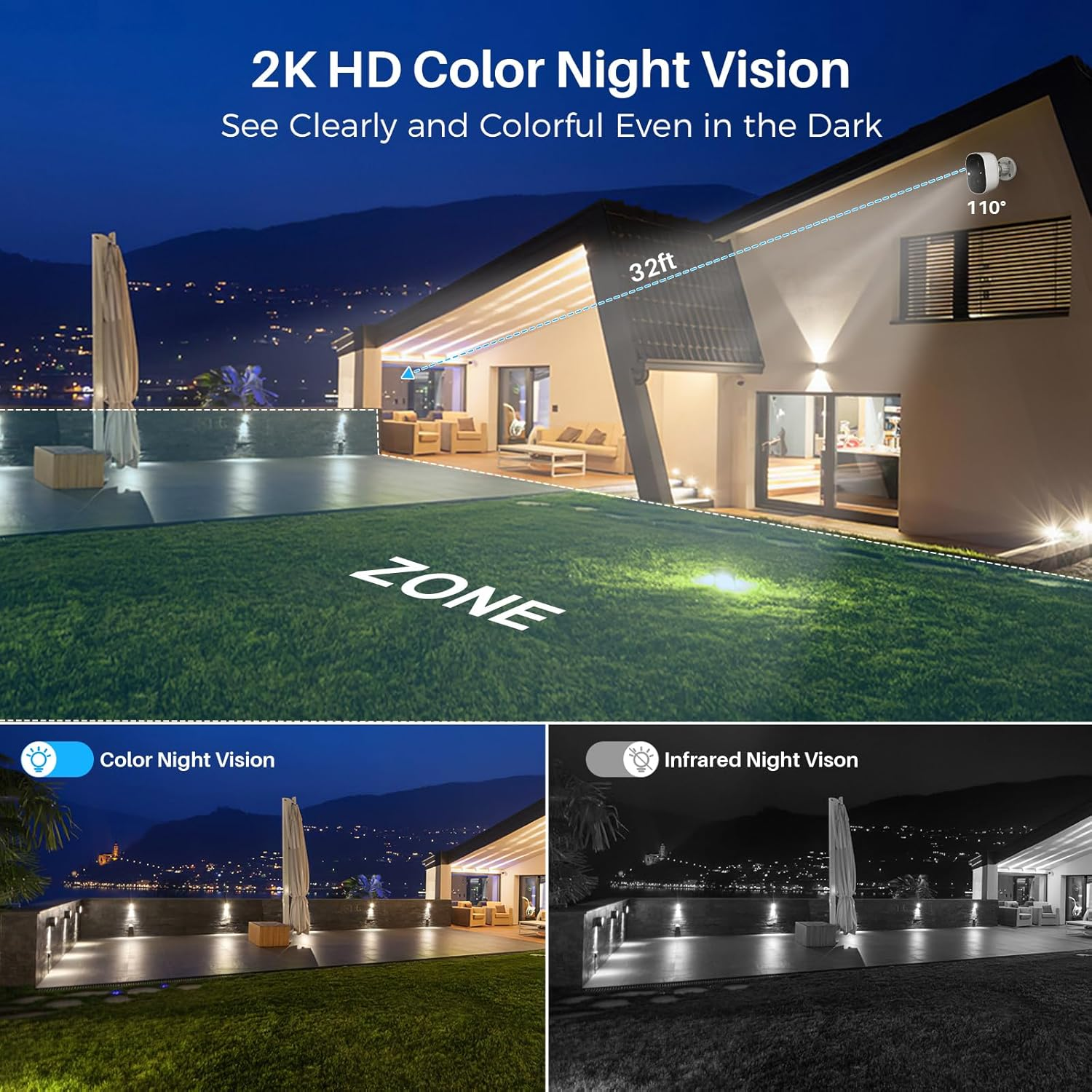 Telecamera notturna a colori 2K HD affacciata su un cortile illuminato.