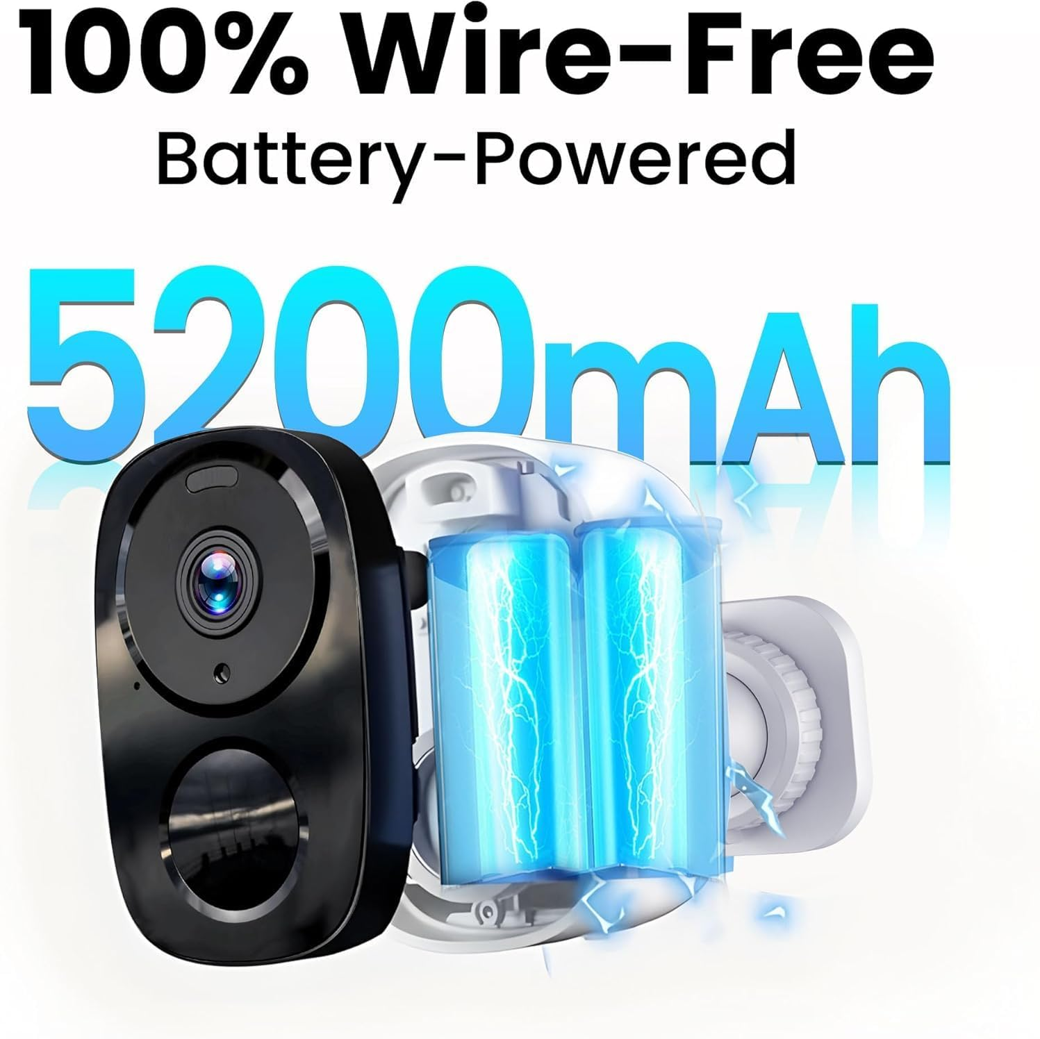Telecamera nera con batteria da 5200mAh e fulmini. 100% senza fili.